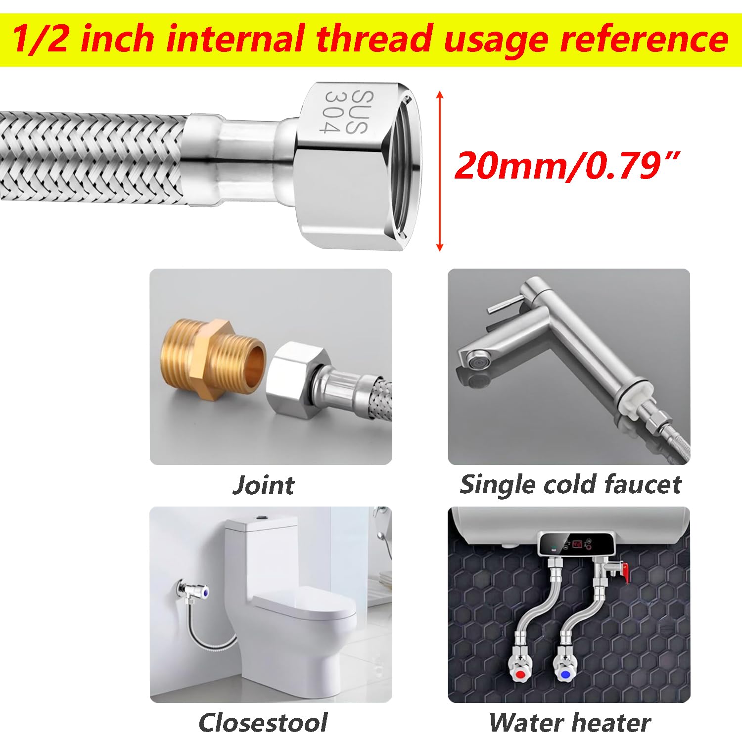 Qrity 1 Pièces Tuyau De Raccordement Flexible, G1/2" Femelle x G1/2" Mâle Tuyau Tressé en Acier Inoxydable pour Mitigeur Cuisine Robinet Lavabo, 200 cm