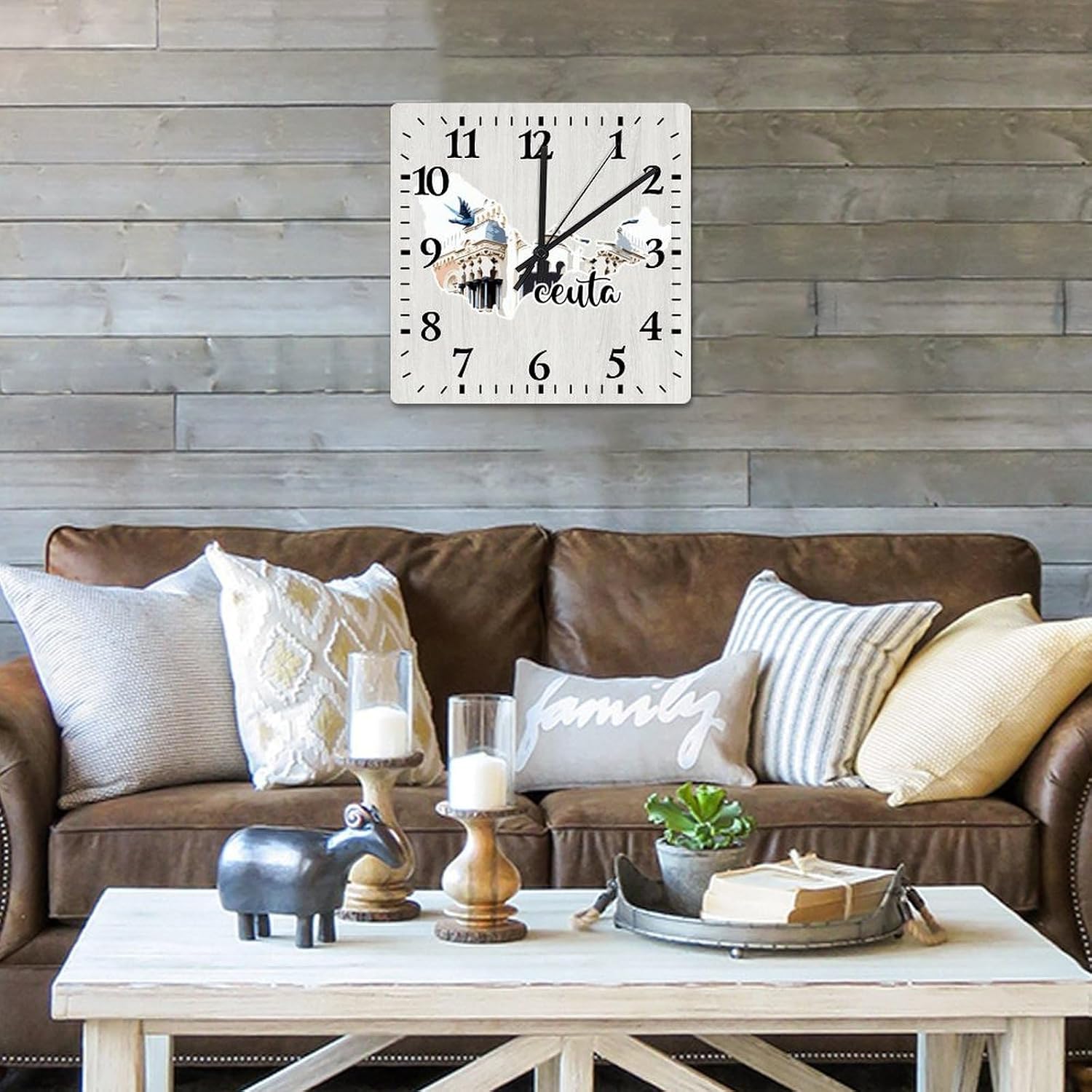 Ceuta Map Wall Clock Ceuta Landmarks Square Clock 15 Inch Large Wall Clocks Battery Operated Rustic Home Decor for Home Kitchen Office School Bathroom