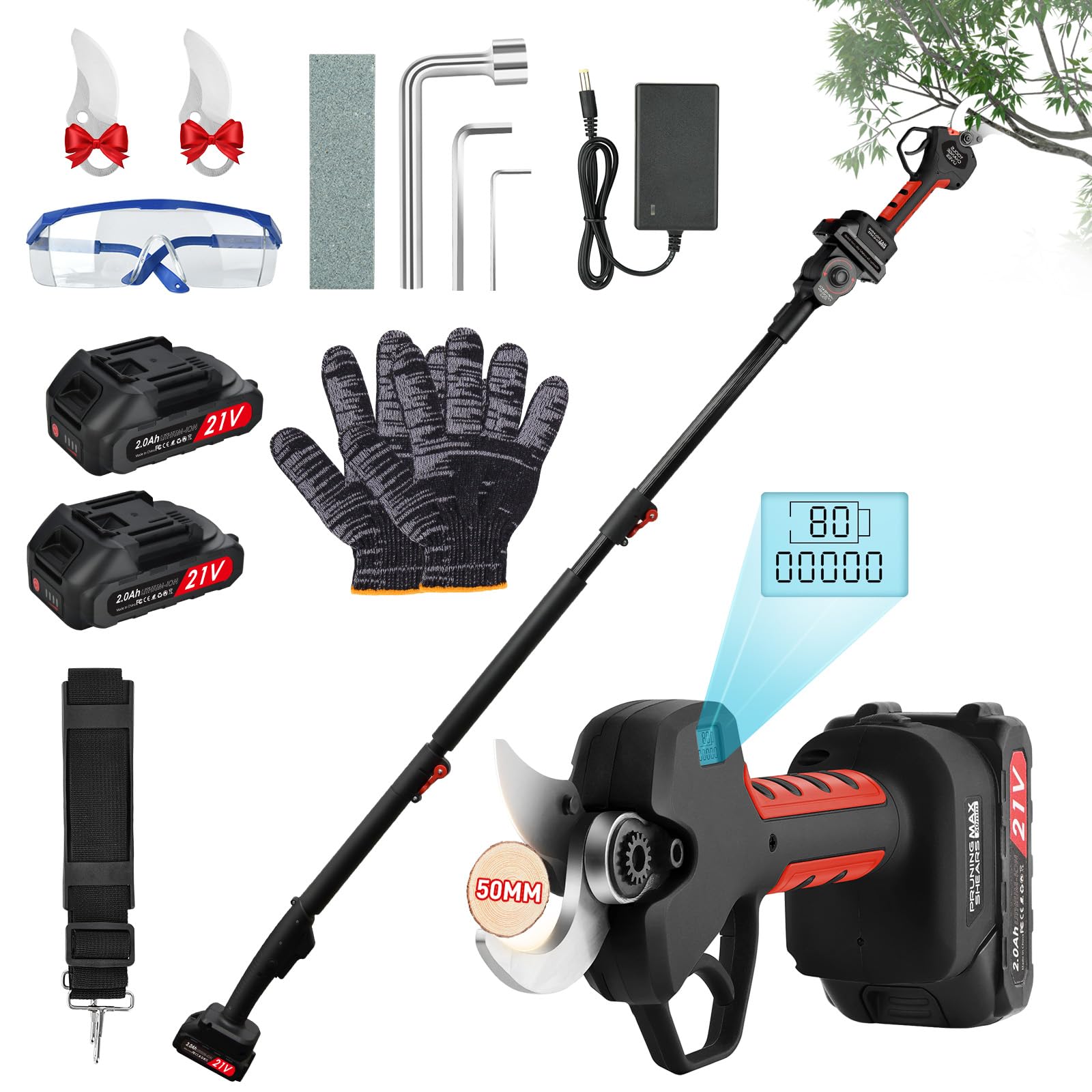 50mm Forbici Potatura a Batteria con Asta: Forbice Potatura a Batteria Telescopica 2,4m con Motore Brushless, 2 Batterie da 2000mAh 21V, Cesoie a Batteria per Potatura per Ulivi, Vigneti, Giardino