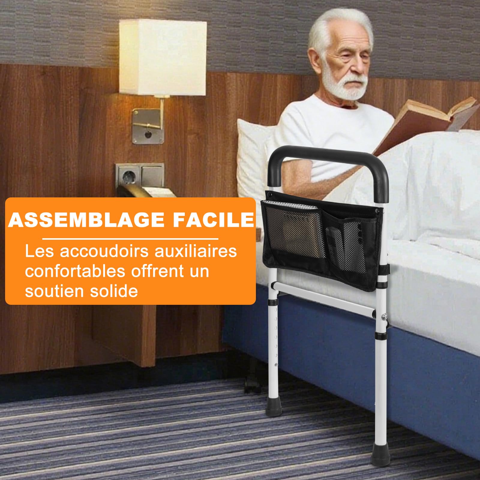 OUUTMEE Barriera del letto con piede di sostegno, regolabile in altezza, max. 150 kg | Maniglie per letto di sostegno, maniglia antiscivolo, borsa di stoccaggio, anti-caduta e sicurezza per anziani
