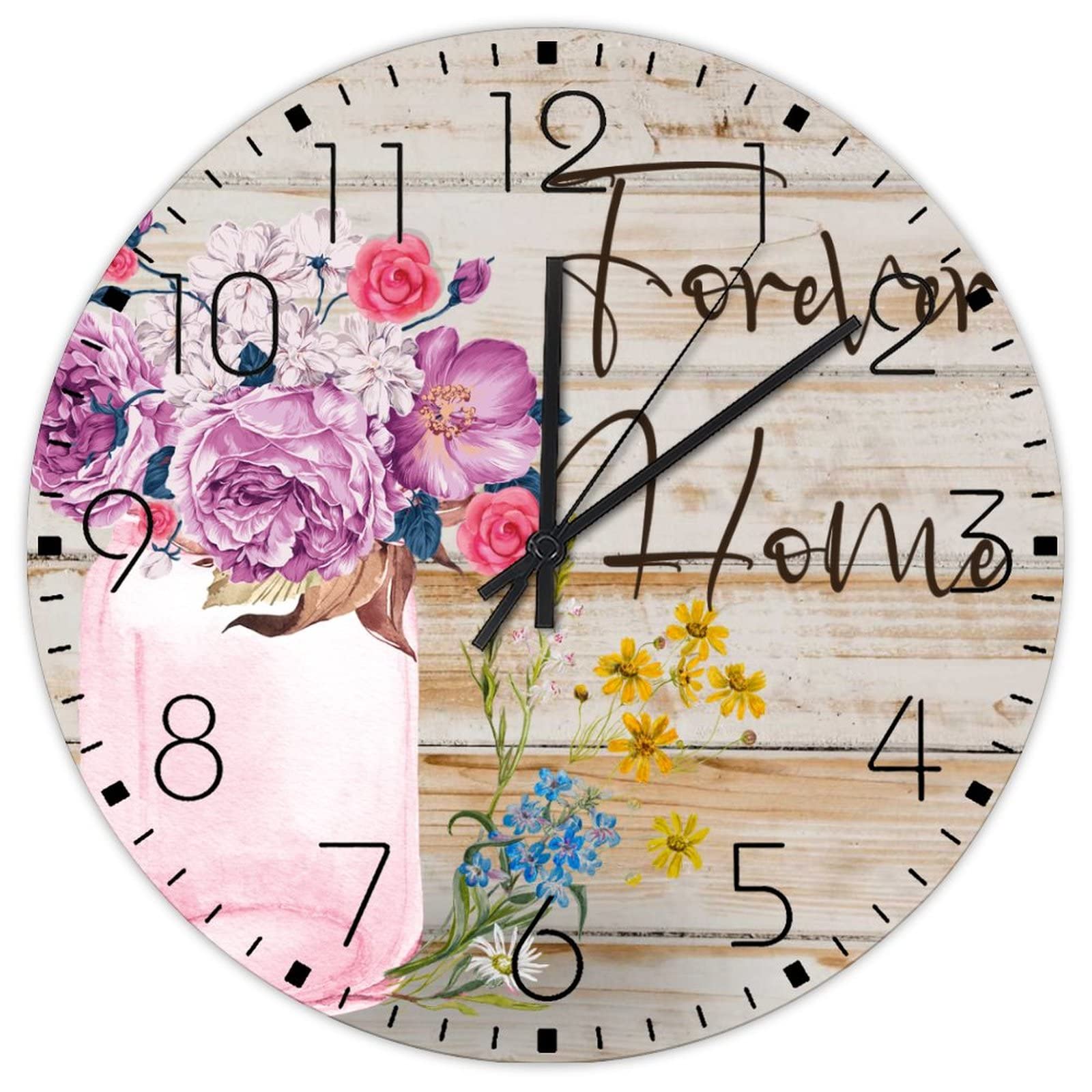 Horloge murale silencieuse Forever Home 30,5 cm sans tic-tac avec peinture florale en bois