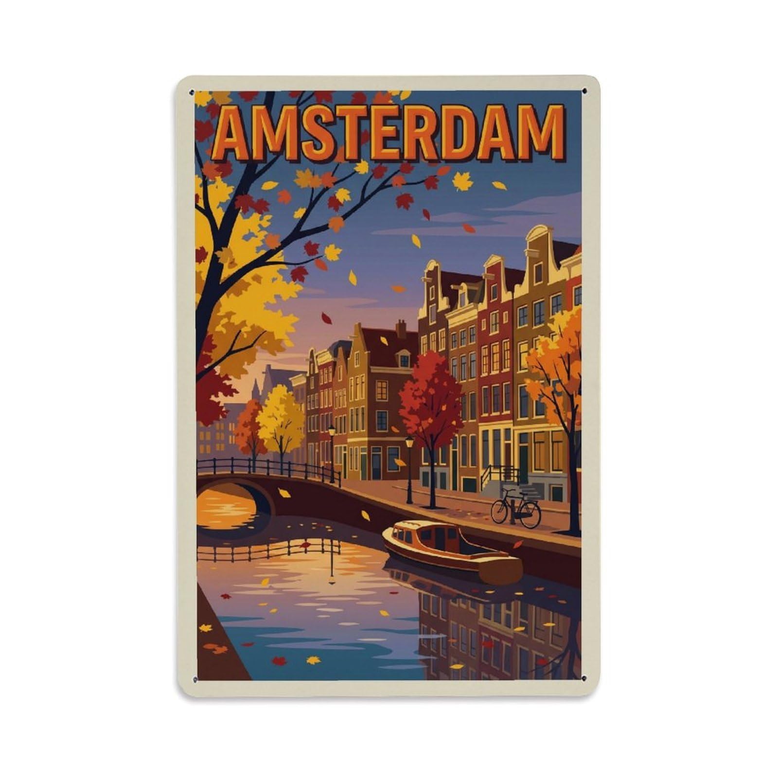 Okngb Style Amsterdam Autumn Waterway Vintage Tourism Canal Quay Metal Tin Sign Plaque Wall Decor For Cafe, Man Cave, Club Bar, Office, Home Garden Round Metal Poster 8X12inch