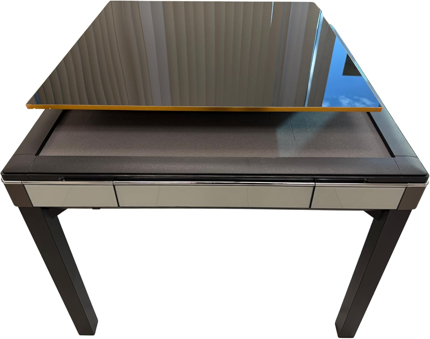 USA MJ Table Skyline Elite 30 Premium Automatic Mahjong Table American Mah Jong Edition 30mm Tiles, Black Glass Cover, Light Blue Glass Frame, 4-Legs Style Design with Wooden Racks & Pushers