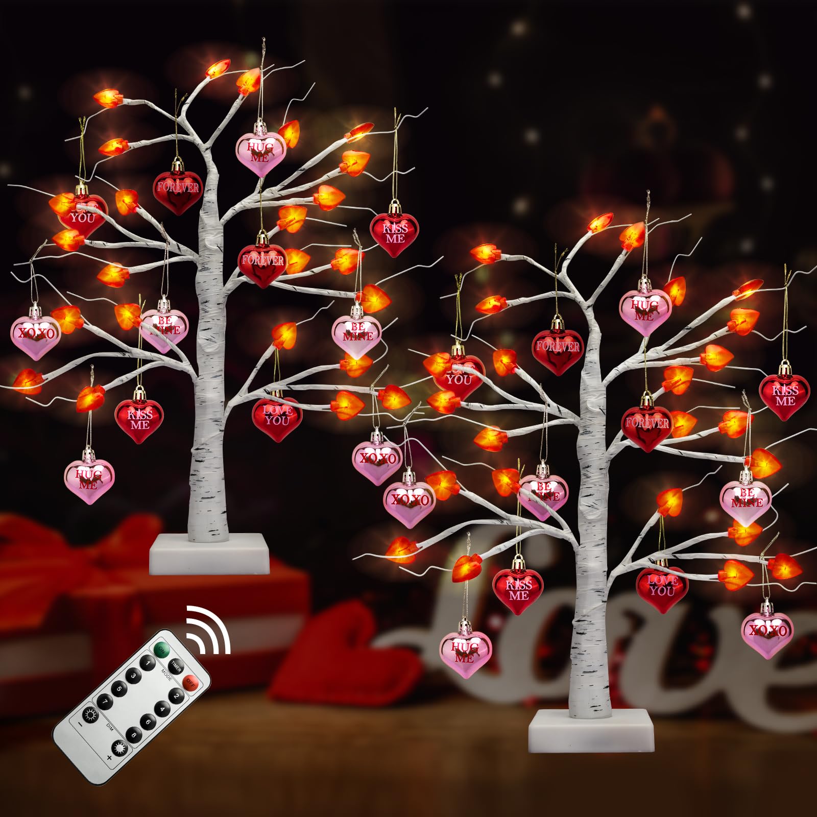 Photo 1 of 2Pack Valentines Day Decorations Lighted Birch Trees with Heart Ornament Timer LED Artificial Valentines Trees for Home Tabletop Bedroom Twinking Tree Valentines Party Decor Favors Indoor