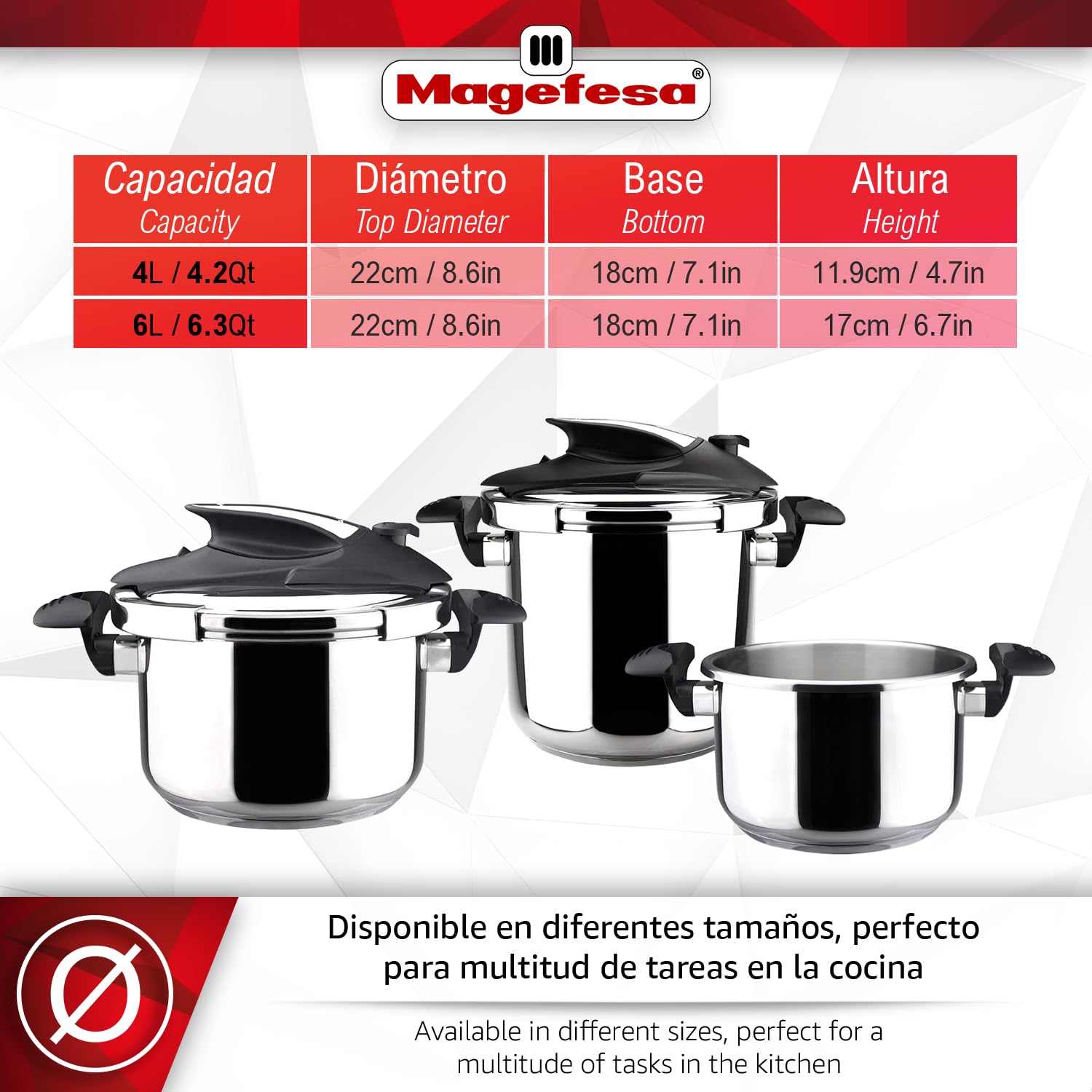 Magefesa Nova - Pentola a Pressione Rapida da 6L, Acciaio Inox 18/10, Sensore di Pressione, Chiusura Facile e Comoda, Cucina Sana, Induzione, Risparmio Energetico