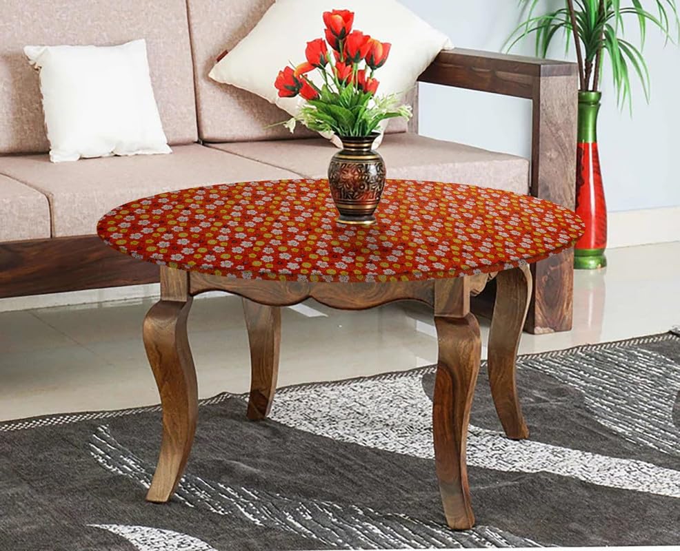 Image of The Furnishing Tree Round Elastic Fitted Center Tpoy Table Cover WxL 18x18 Inches Mini Floral Pattern Orage