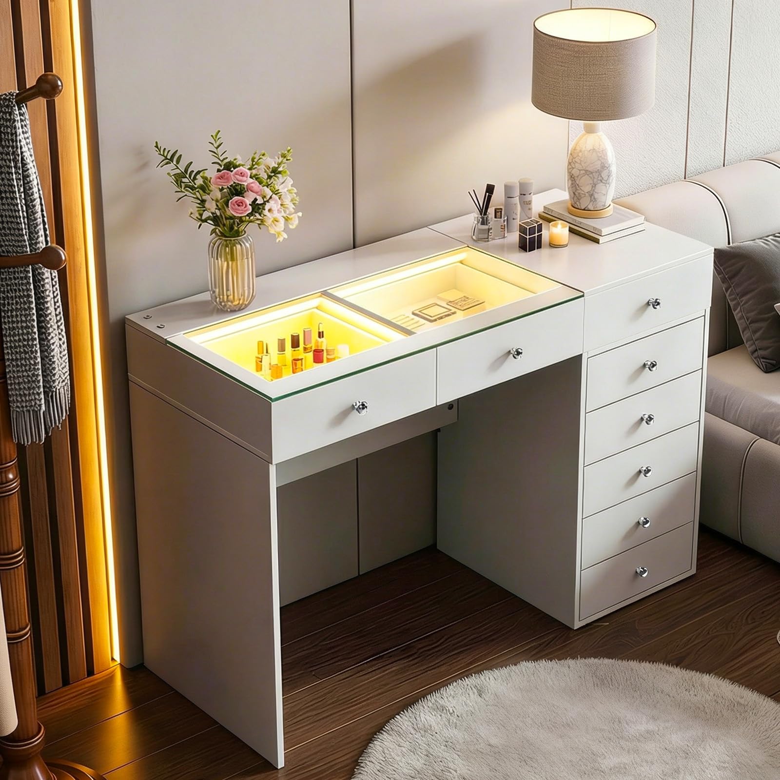 VANITII Makeup Vanity Desk with 8 Drawers and RGB Lights Vanity Table with Glass Top and Crystal Handles White Dressing Table with 6 Colors Light for