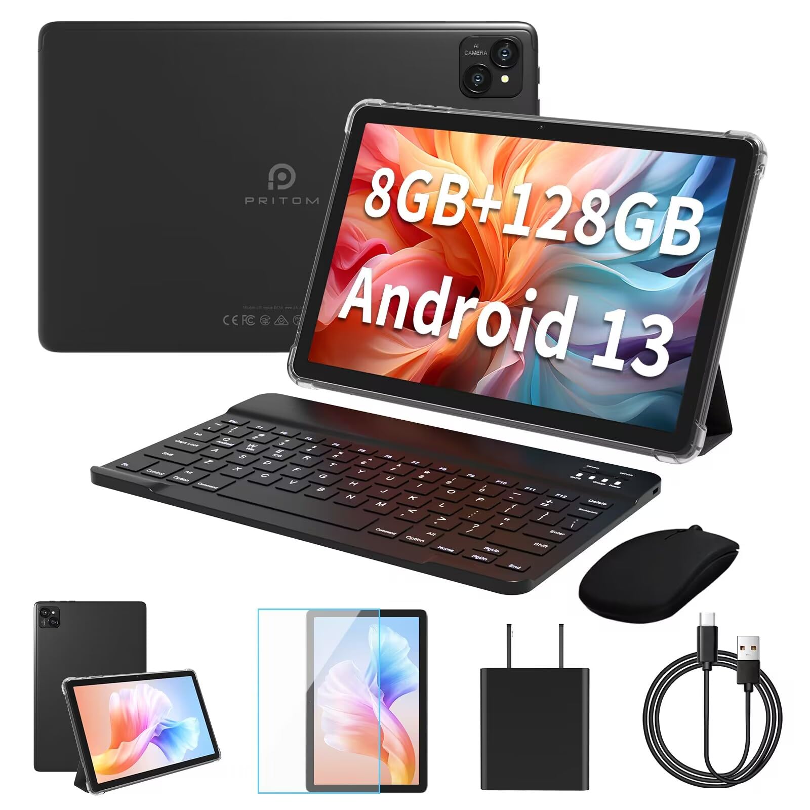 PRITOM 2024 Android 13, 10 inch Android Tablet, 8GB RAM + 128GB ROM, Octa-Core Processor, IPS Touchscreen, 2.4&5G WiFi6, Bluetooth 5.0, Keyboard,Mouse,Case