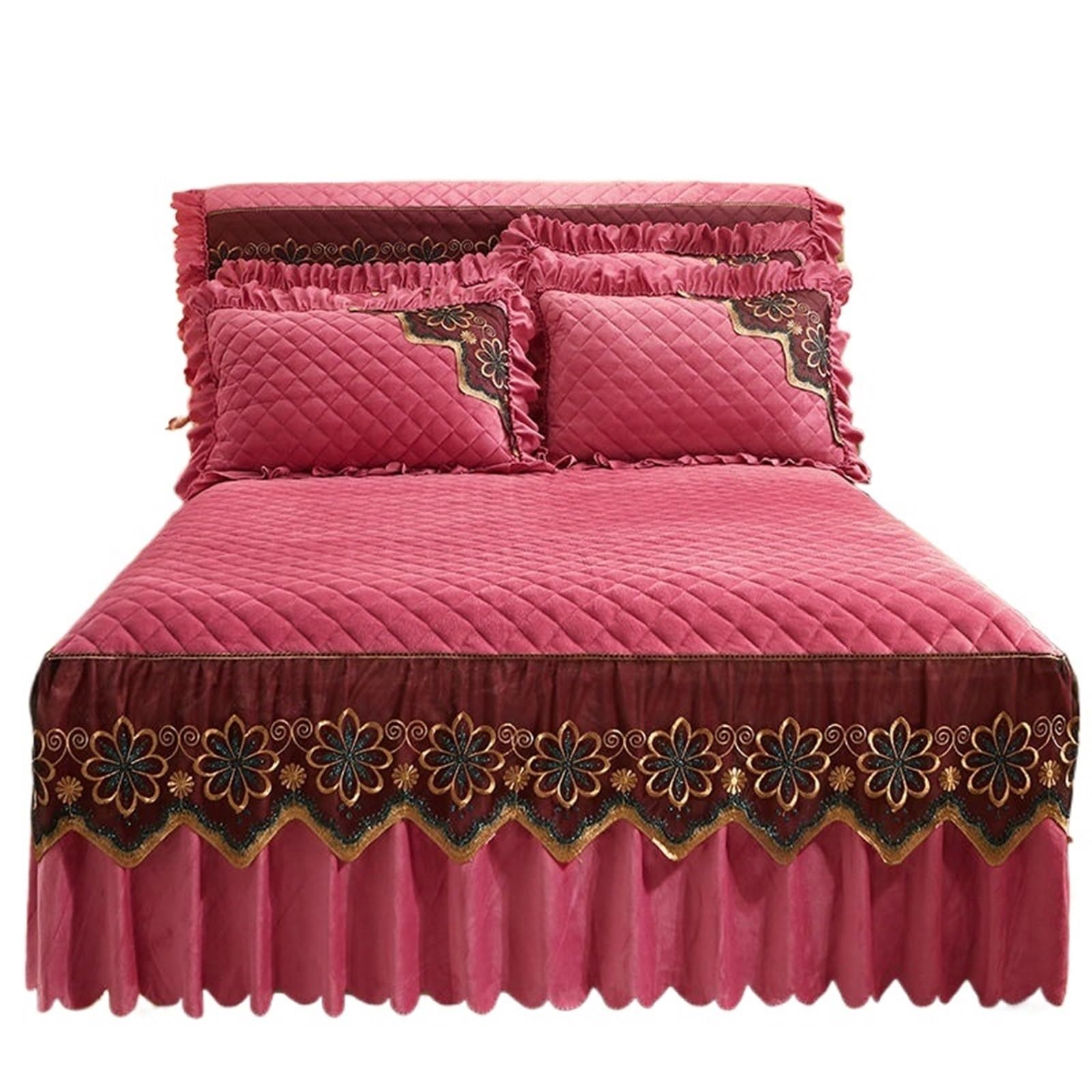 Quilted Bed Skirt Winter Warm Thicken Velvet Bedspread King Good Hand Feeling Not Included Pillowcase(Color-6,1pc Skirt 180x200cm)