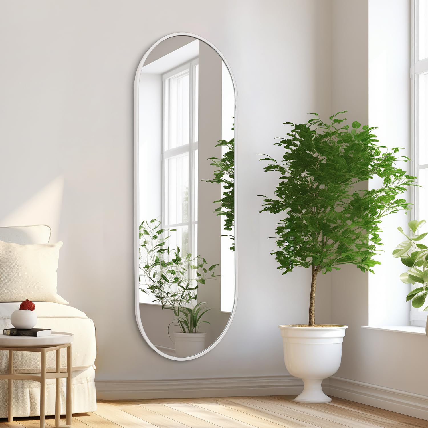 HLFMVWE Bathroom Wall Mirror Full Length Metal Aluminum Framed Floor Mirror 120 x 40 CM Oval Large Full Body Mirrors for Bedroom Living Room Entryway Dressing Room White