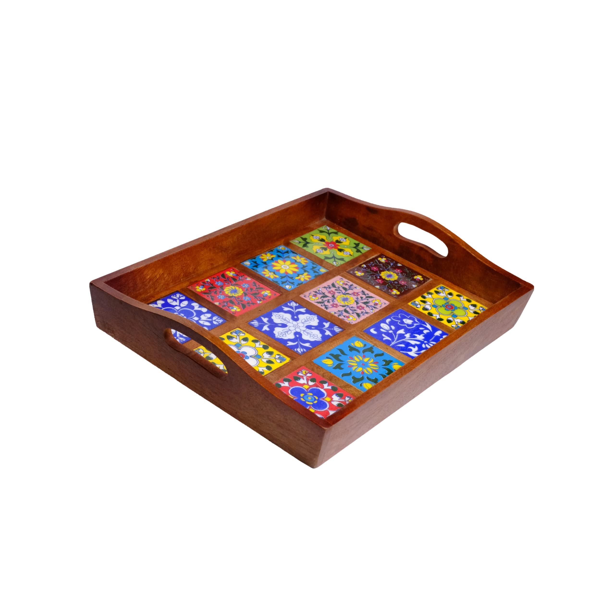 Craft Trade Mango Wood Serving Tray with Handle and 12 Fitted Floral Ceramic Tiles Wooden Platters Perfect for Breakfast Tea Coffee Snacks Dinner