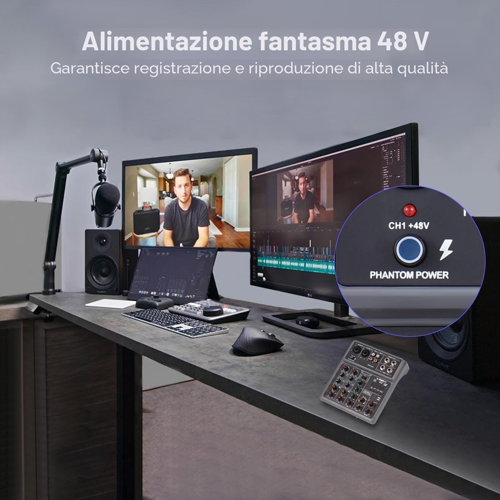 Mixer Audio, Console Di Mixaggio A 6 Canali Con 2 Microfoni Wireless Mixer BT OTG 4 Effetti Di Scena DSP Alimentazione Phantom 48v Scheda Mixer DJ Professionale Per Home Theater