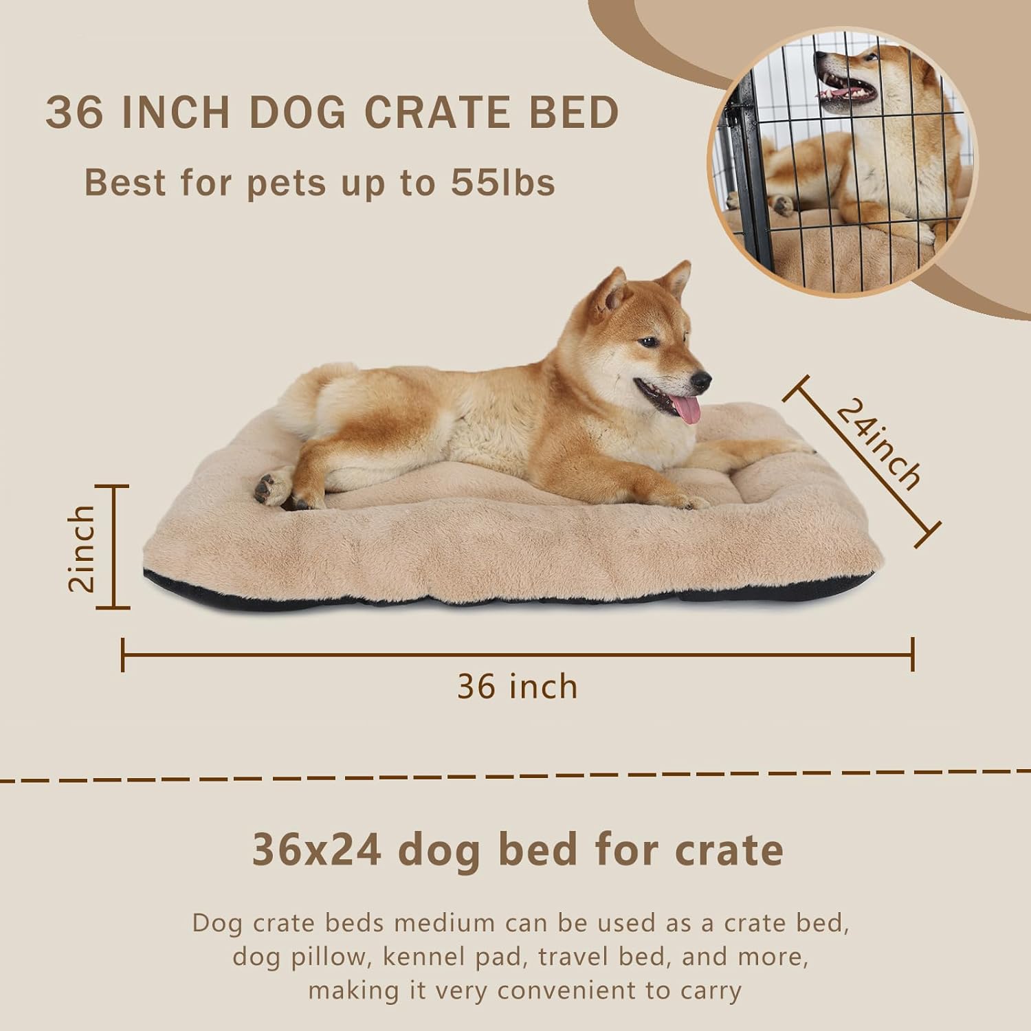review 36 inch Dog Crate Pad for Medium Sized Dogs Washable,Soft Comfy 24x36 Dog Bed for Kennel with Anti-Slip Bottom Pet Sleeping Mat,Khaki