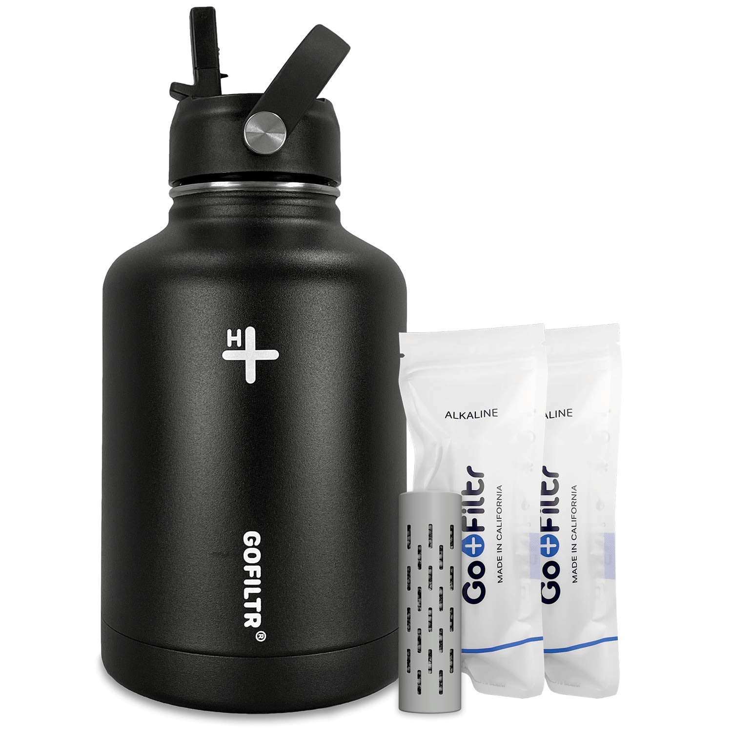 GOFILTR 50 oz Alkaline Water Bottle with Straw Lid + Two 9.5 ph Alkaline Water Infusers/Sport Insulated Water Bottle Jug/Creates Alkaline Water, Color: Onyx