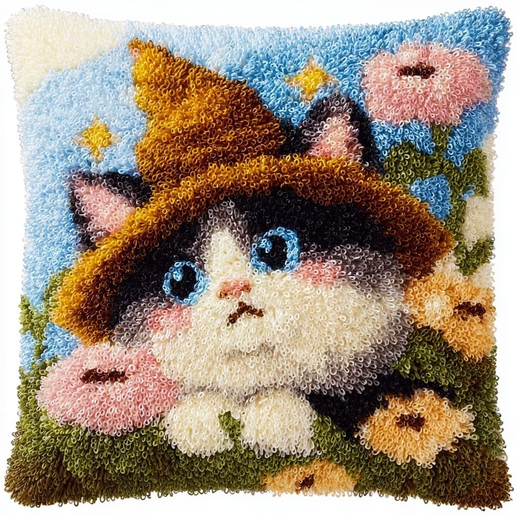 Henypt Latch Hook Cushion Kits Cats and Flowers