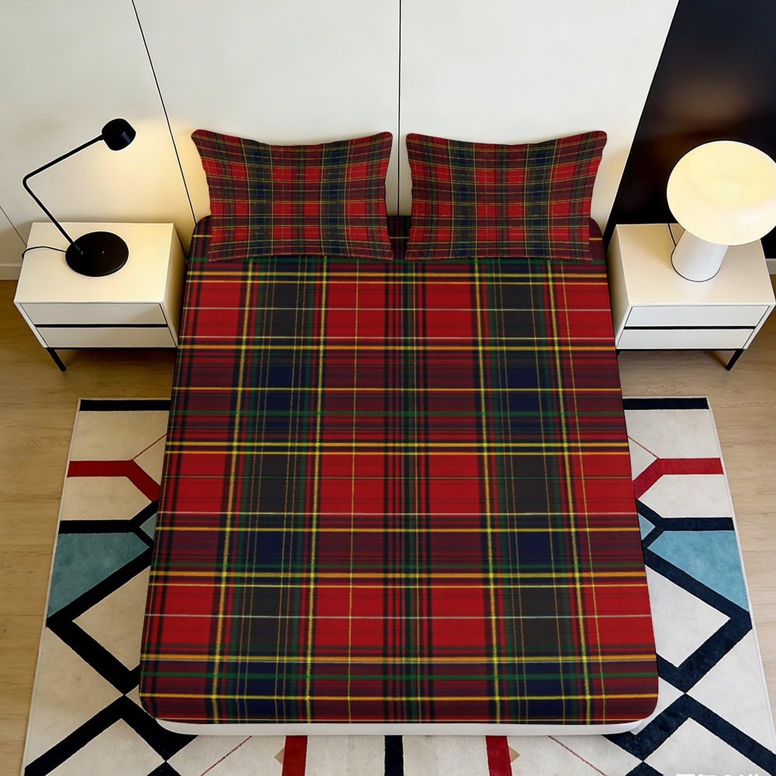 3D Printed Red Tartan Plaid Fitted Sheet Microfiber Soft Breathable Scottish Check Mattress Cover for Bedroom Guest Room Decor 120x200x25cm