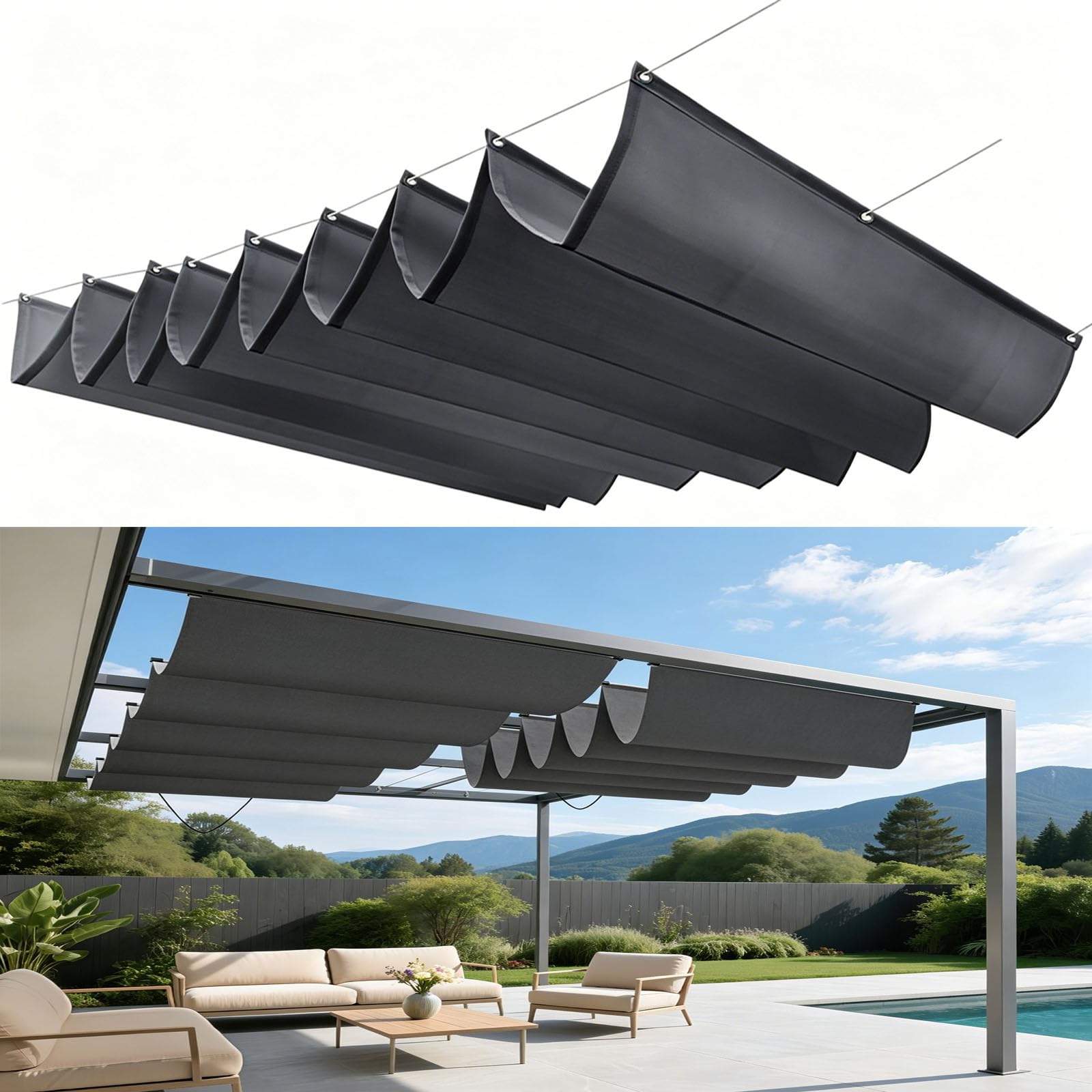 Voile Ombrage Rétractable Vague contre la chaleur de la pergola