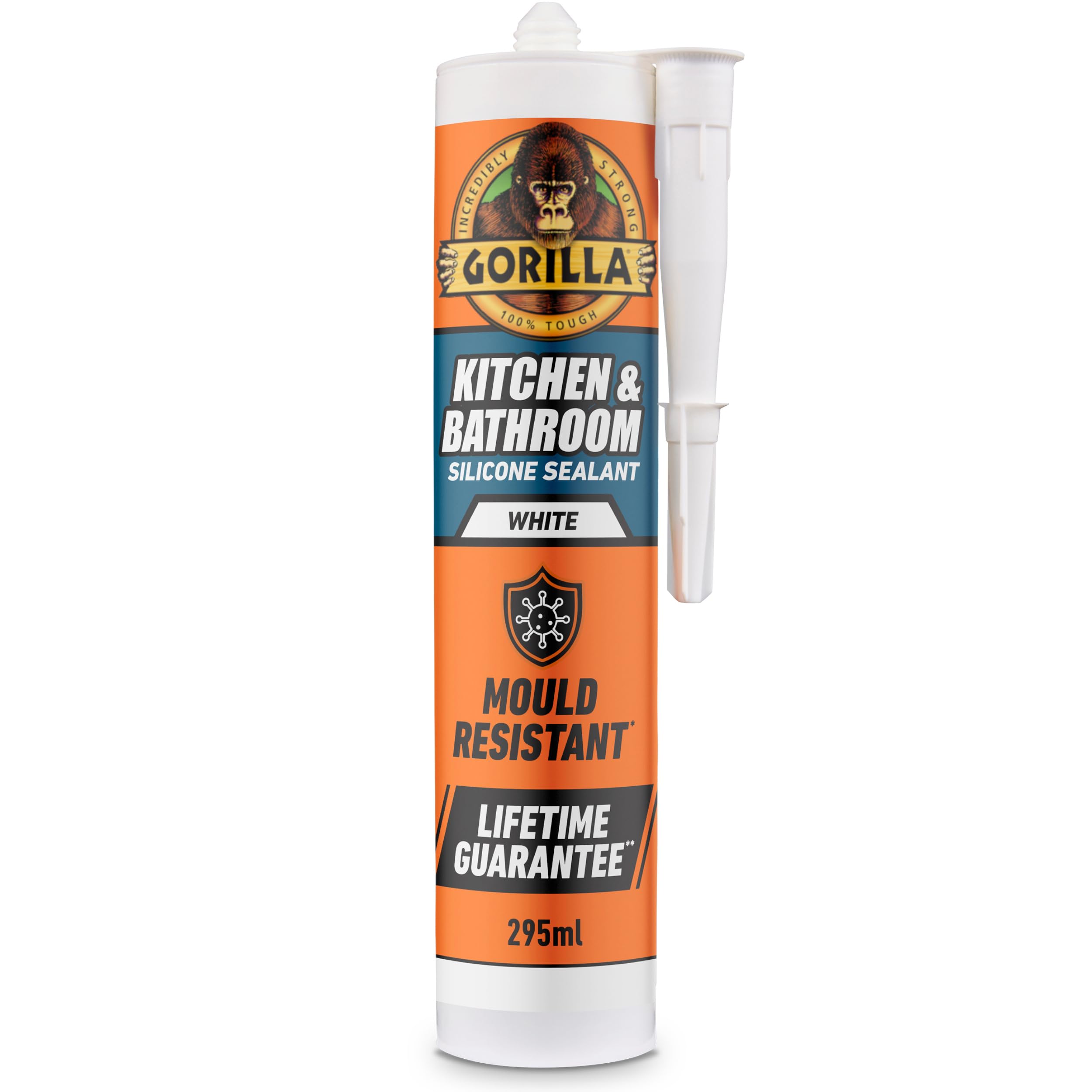 Gorilla Kitchen & Bathroom White Silicone Sealant, 295ml – Mould Resistant, 100% Waterproof Sealant, Shower Ready in 30 Minutes, Shrink & Crack Proof | Use on Showers, Baths, Sinks, Toilets & More