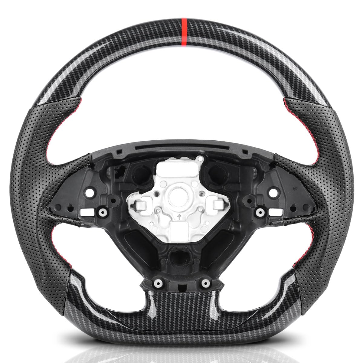 Steering Wheel for Corvette C7 2014-2019 Hydro Dip Carbon Fiber Steering Wheel with D-shaped Flat-bottom Preforated Leather Grip Red Hand-Stitched