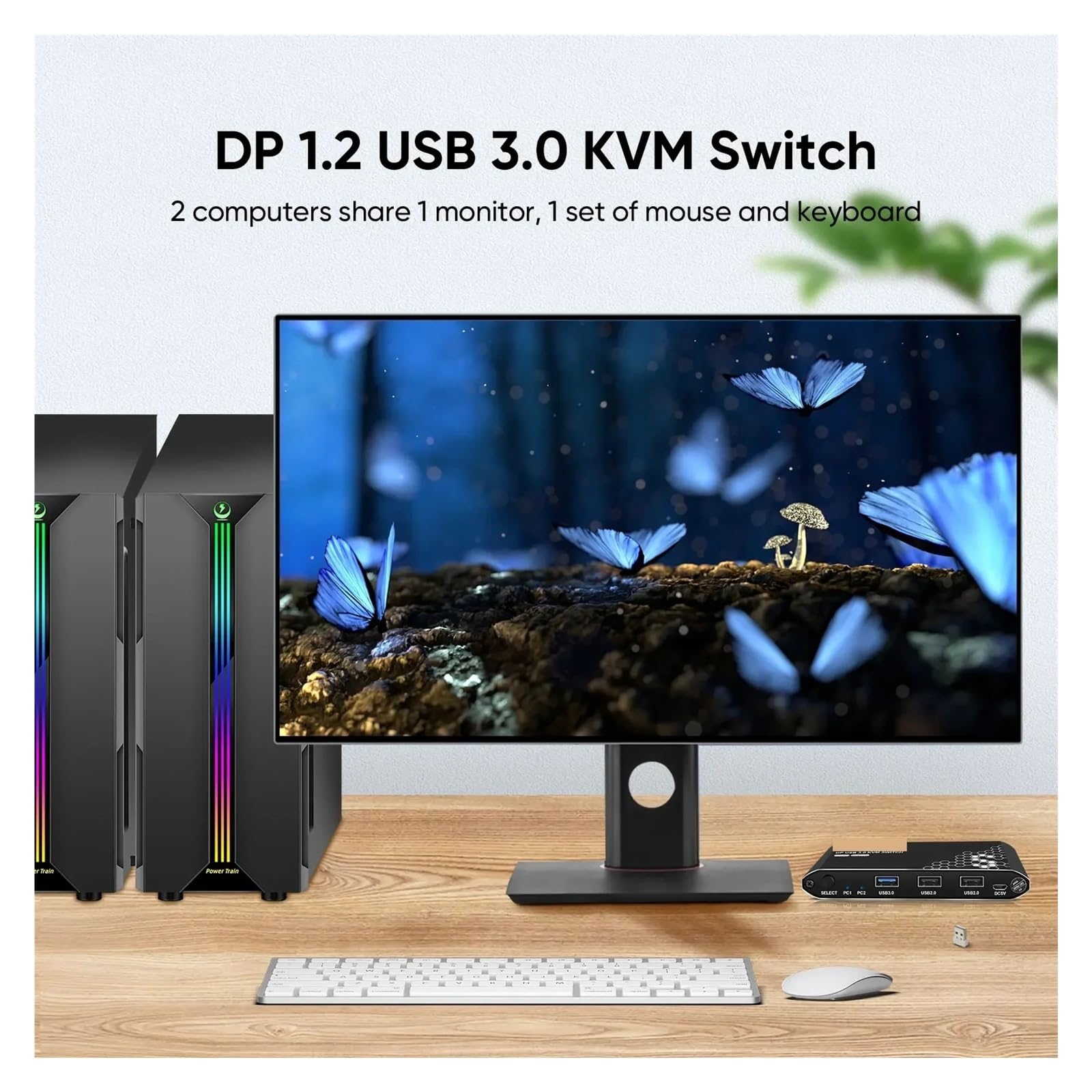 Przełącznik Wideo, Przełącznik KVM, 2 porty, rozdzielczość 4K przy 60 Hz, umożliwiający współdzielenie jednego lub dwóch monitorów przez dwa komputery, w zestawie kable HDCP 2.2 i USB
