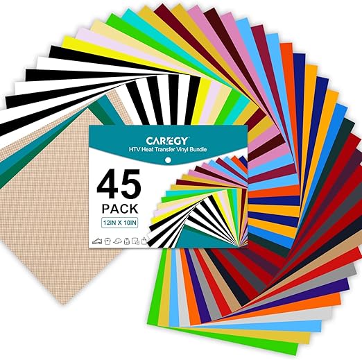 CAREGY HTV Vinyl Bundle Heat Transfer Vinyl 12"x10" - 45 Pack Includes 30 Pack Assorted Colors Sheets and 2 Sheets Teflon, Iron On Vinyl for DIY T-Shirts Fabrics