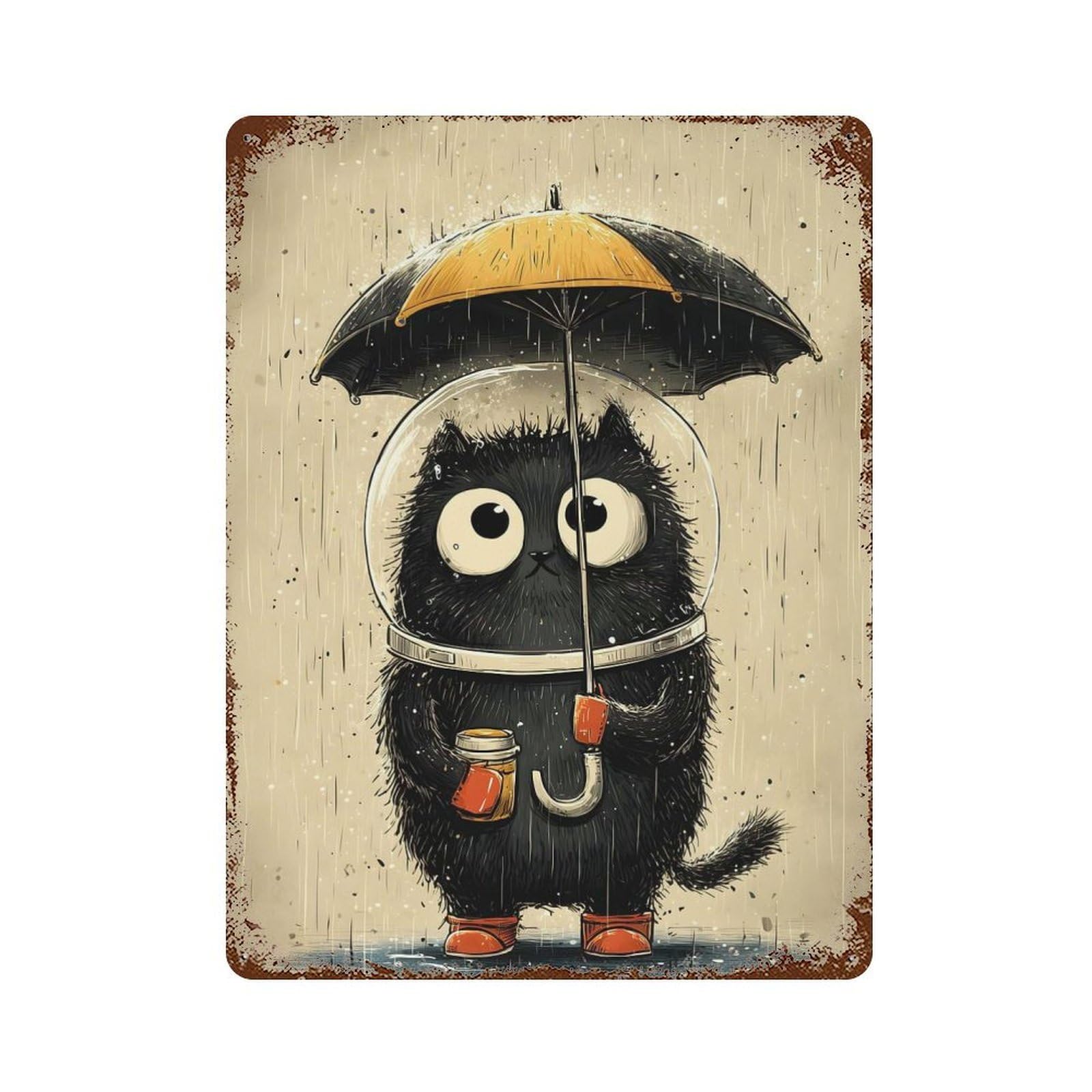 Cartoon Cat in Rain with Umbrella Vintage Rust Metal Sign 15.7"x11.8", Shabby Chic Decor for Garage, Pub Or Kitchen