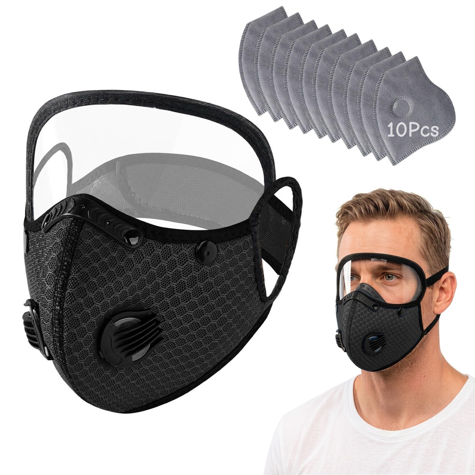 Reusable Carbon Filter Dust Mask with Adjustable Goggles, With 10 Filters, Washable and Breathable Mask Built for Pollen Allergy, Woodworking Mowing, Running, Cycling, Outdoor Activities, Black