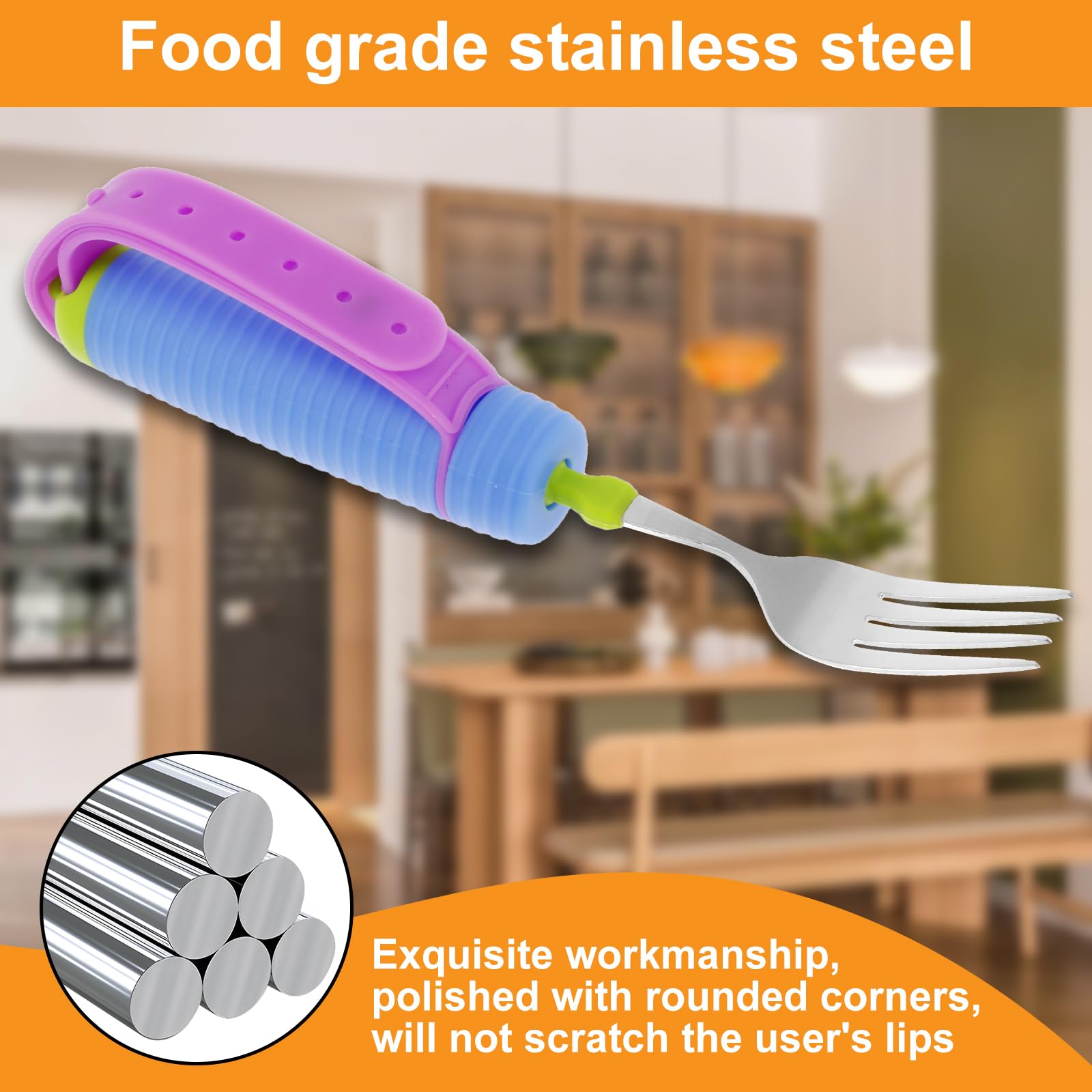 Juego de utensilios adaptativos con mango antideslizante y correa ajustable de silicona giratoria de 360° para discapacitados Ayuda a comer con cuchara y tenedor de acero inoxidable para