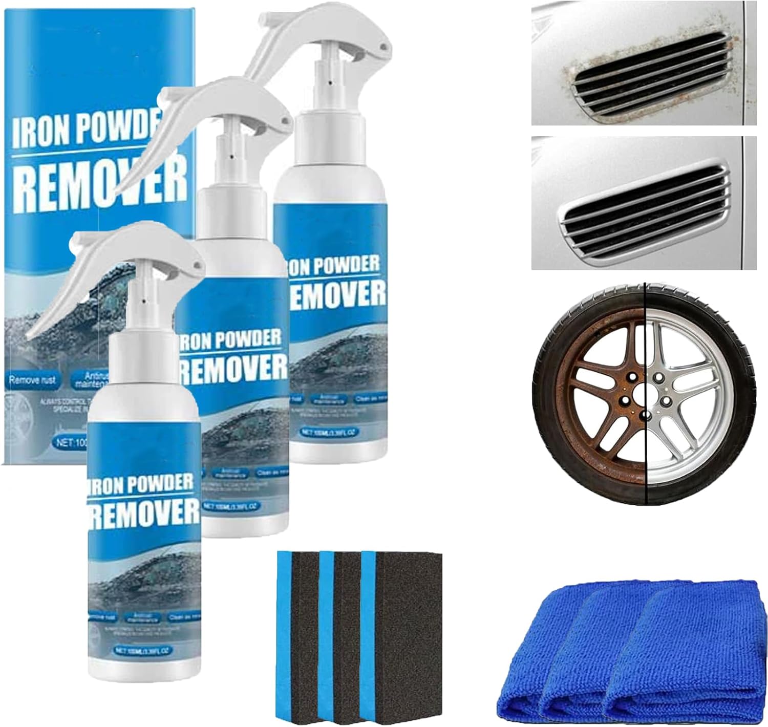 Multi-functional Quick-Acting Rust Removal Spray, Iron Powder Remover Spray, Fast-Acting Formula & Easy Sprays Application, Includes Sponge and Cloth, For Tools, Metals and Car Parts (3, 3.38oz)