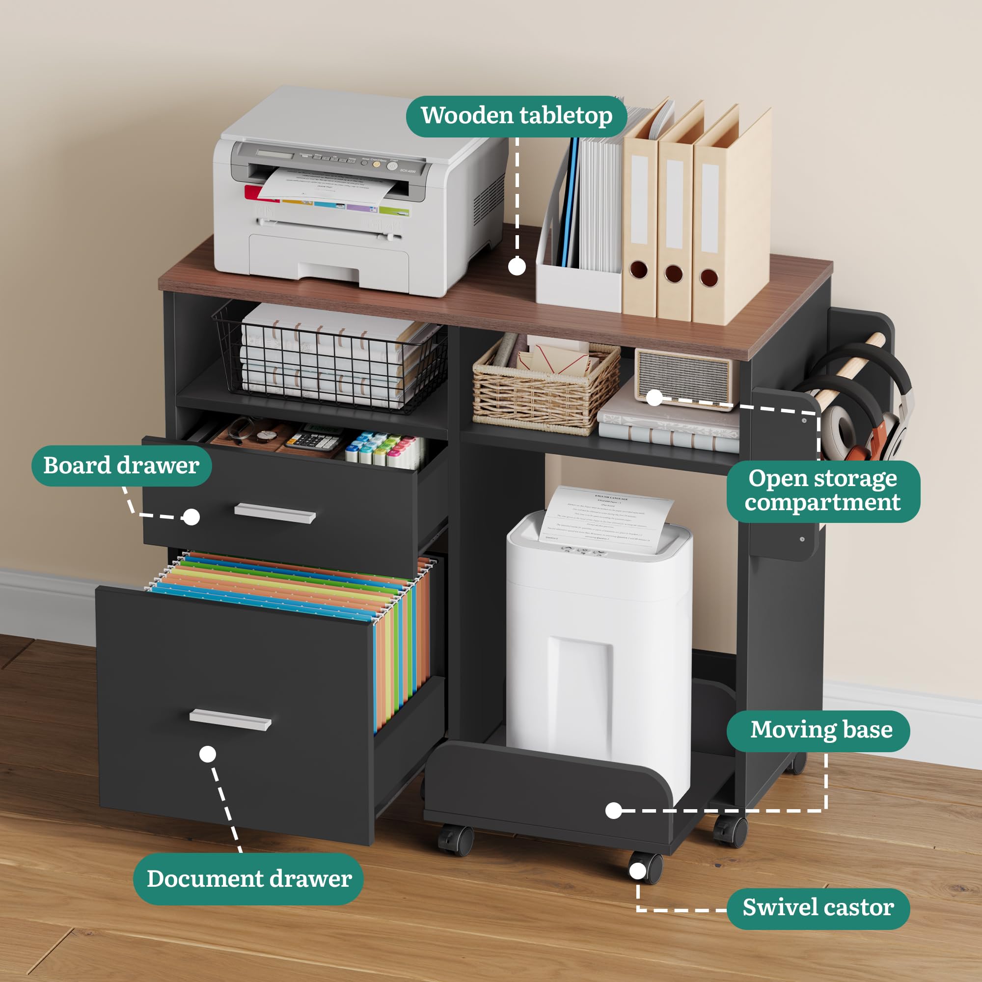 YITAHOME Mobile schedario con base rimovibile e asta per appenderlo, organizer con 10 ruote, armadietto per casa e ufficio, nero