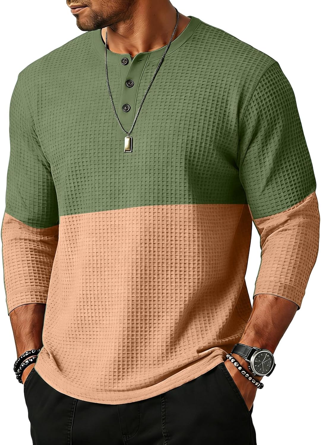 WENKOMG1 Men's Casual Henley Shirt 3/4 Sleeve Color Block Waffle Knit Jersey Shirt, S-3XL