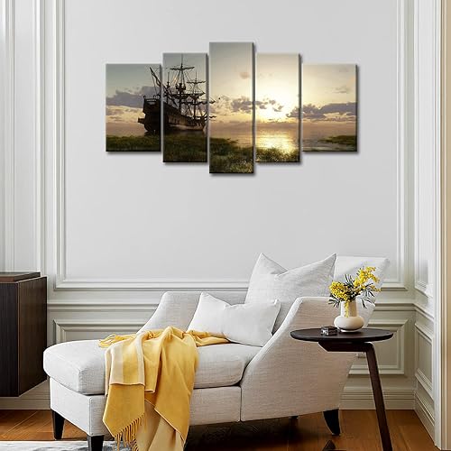 Miniatura 5 de Barco pirata náutico arte de pared barco vikingo 5 paneles pintura la imagen impresiones sobre lienzo arte moderno para sala de estar decoración del