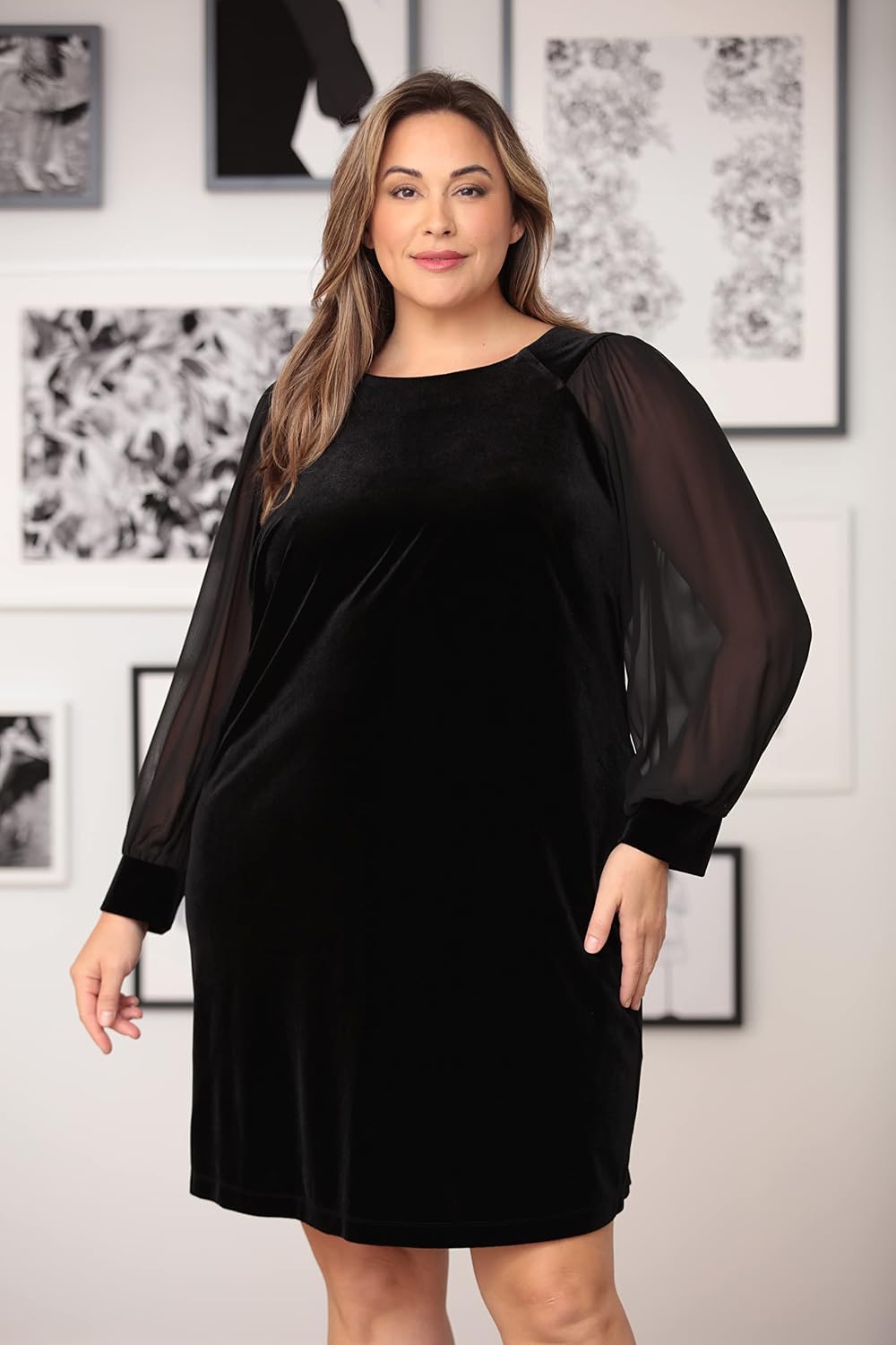 London Times Women's Women's Dresses Stretch Velvet Sheer Blouson Sleeve Short Dress Occasion Event Guest of Party