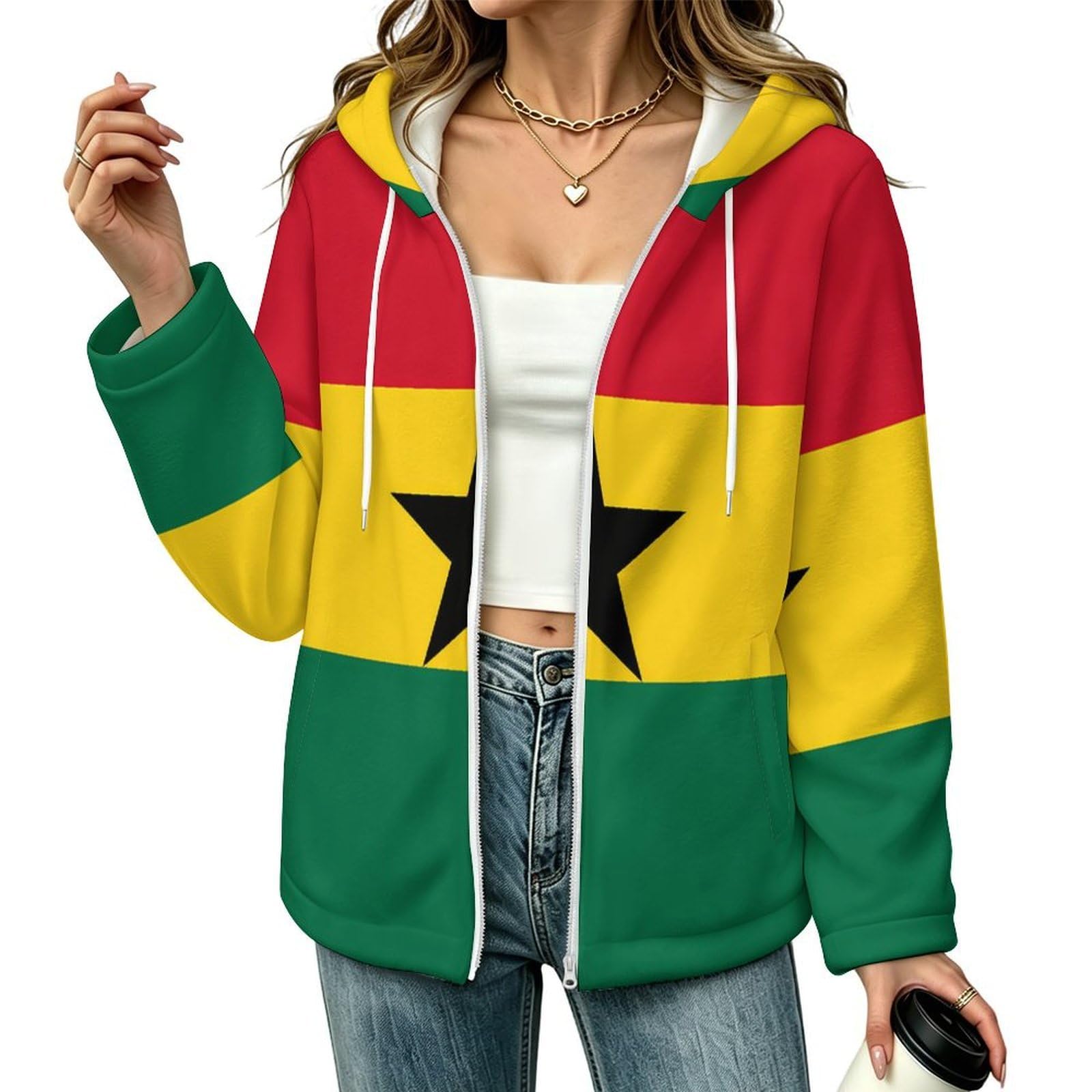 Flag of Ghana Hooded Fleece Jacket Full Zip Women's Coat