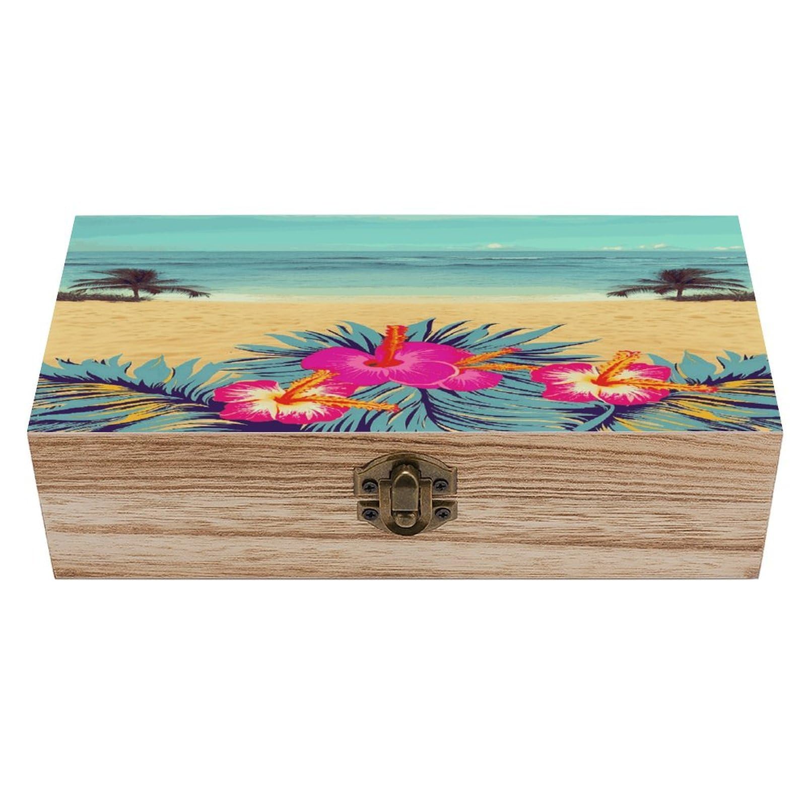 Btcowzrv Style Hello Hawaii Wooden Storage Box, Keepsake Box With Hinged And Retro Lock, Wood Jewelry Organizer For Photos & Mementos And Home Decor