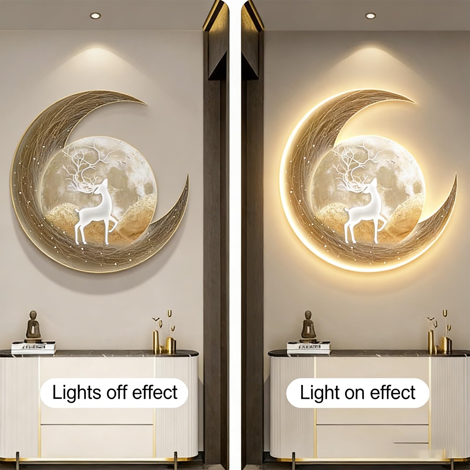 Oświetlona LED Dekoracja Ścienna Z Teksturą 3D, Projekt Półksiężyca I Jelenia Z Ciepłym Światłem, Artystyczna Lampa Ścienna Do Salonu, Sypialni, Wejścia(Yellow,70cm/28in)