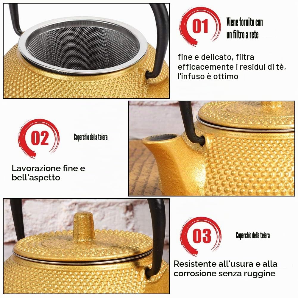 Teiera in Ghisa Giapponese, Teapot in Ferro Tradizionale con Resistente al Calore, Infusore e Becco e Manico Bollitore da Tè per Regalo Matcha Cerimonia Sicuro sulla Stufa