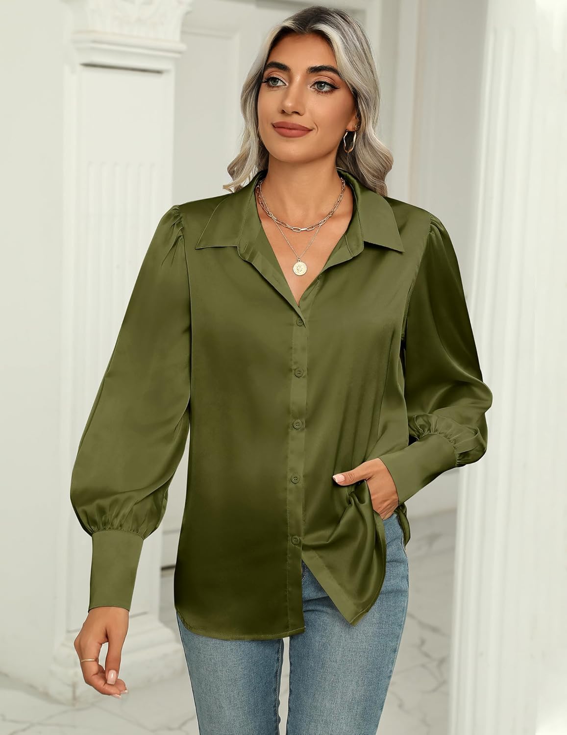Zeagoo Womens Satin Blouse Lantern Long Sleeve Silk Button Down Shirt Dressy Casual Business Work Tunic Tops - Image 4
