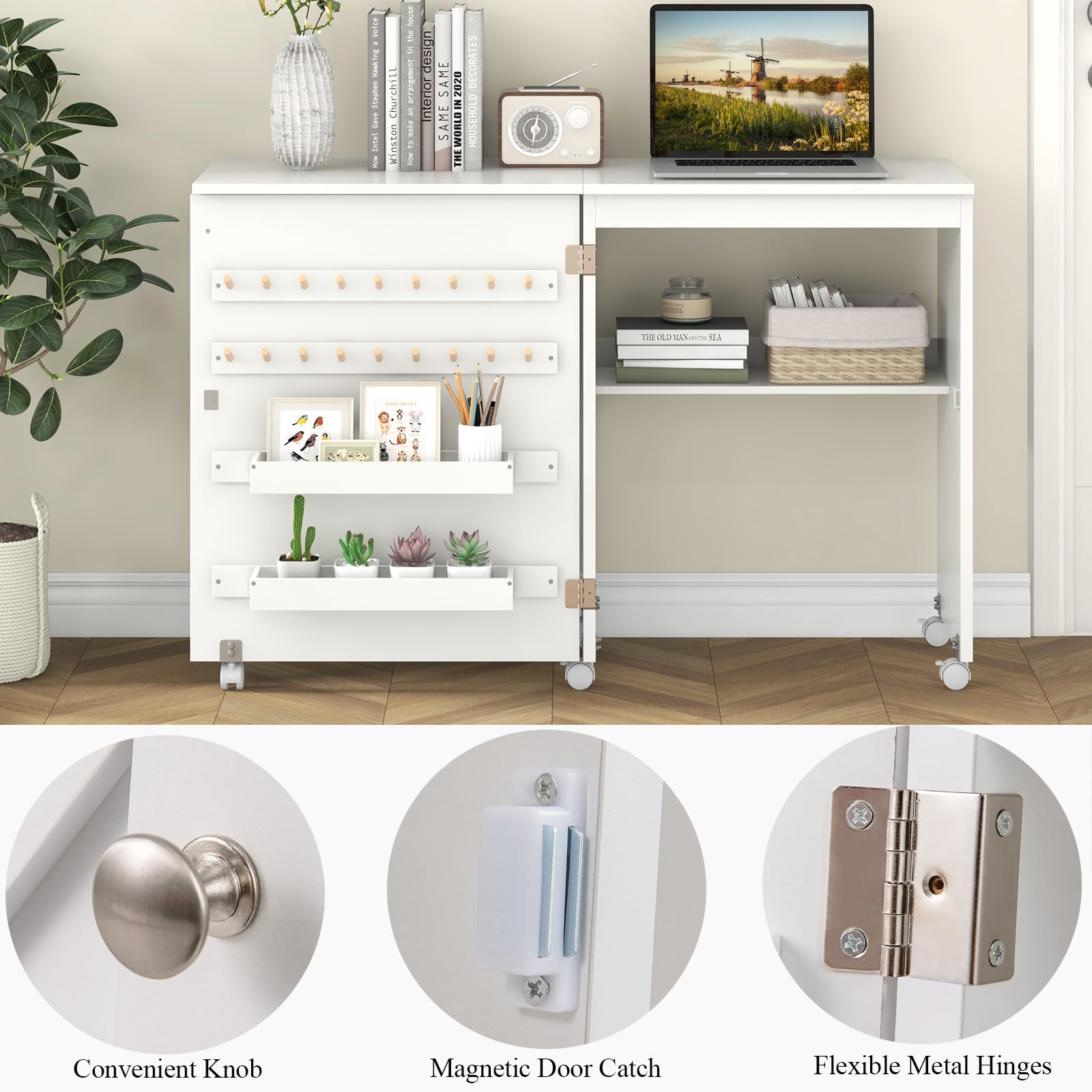 LIFEZEAL Armario de Costura, Mueble para máquina de Coser, Mesa Plegable de Costura con 5 Ruedas, 2 bandejas, 18 Ganchos para Hilo, Mesa Multifuncional de Manualidades (Blanco, 116 x 40 x 76cm)
