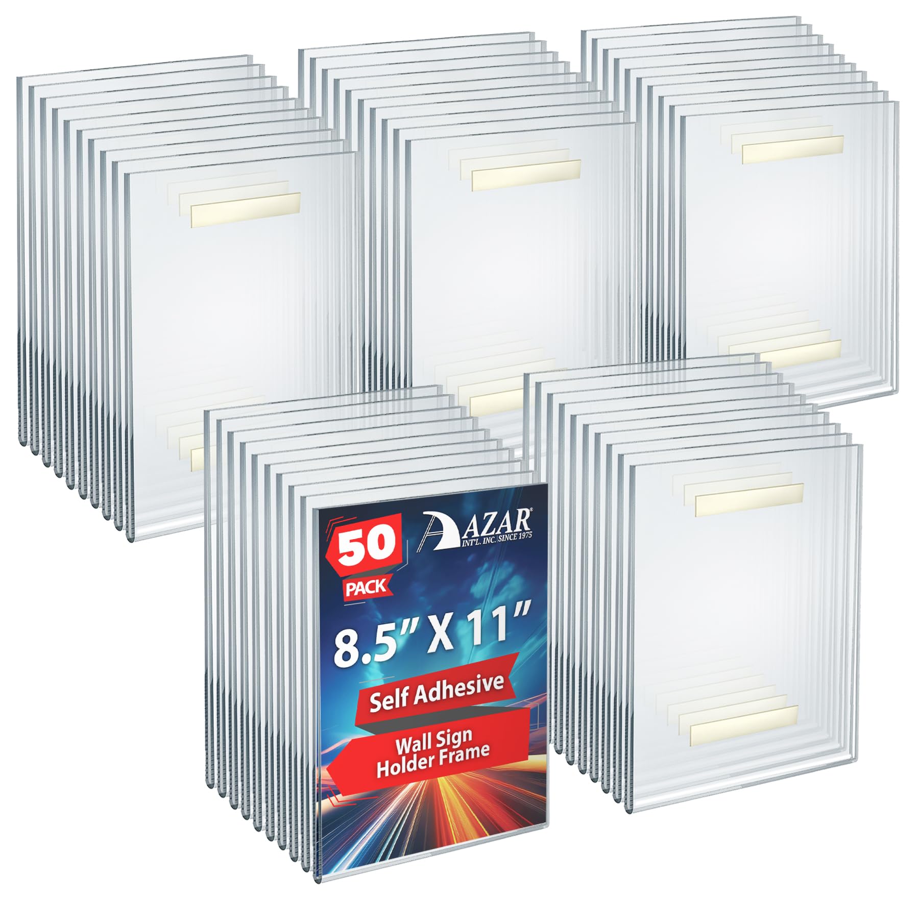 Azar Displays 122021-50PK - Soporte adhesivo de acrílico transparente para letreros de pared, marco vertical de 8.5 x 11 pulgadas para carteles de oficina, volantes, placas de identificación y