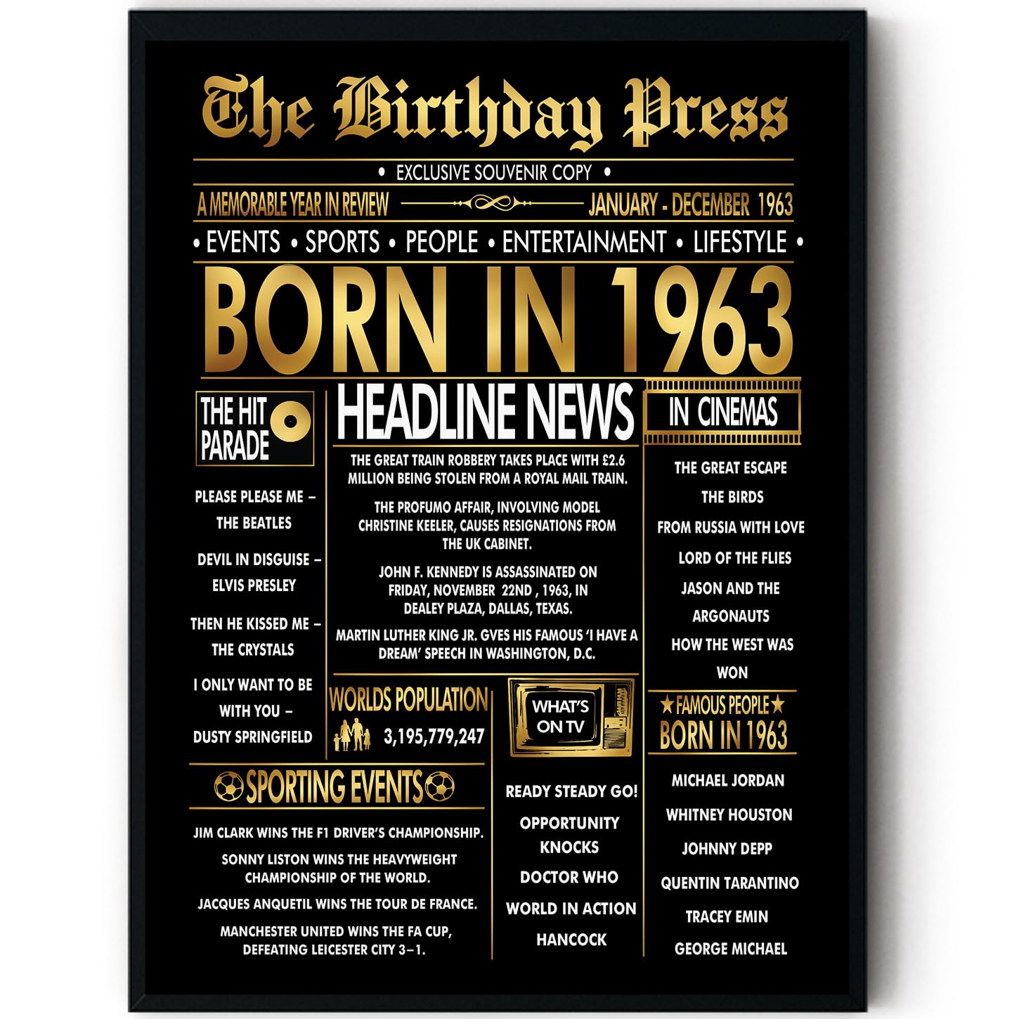 Stuff4 Men's 1963 Gold 63Rd Birthday Poster Framed - Golden Born In Newspaper - Happy 63 Birthday For Wo Retro Vintage Gifts Back In 8X10 Inch Bday Party Decor Decoration