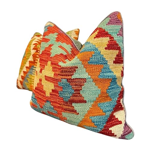 Handwoven Kilim Cushion Cover 18x18 inch (45x45 cm), Wool & Cotton Boho Throw Pillow, Geometric Pillow Cover for Sofa, Couch, Bed, Multicoloured Decorative Cushion for Living Room & Home Office