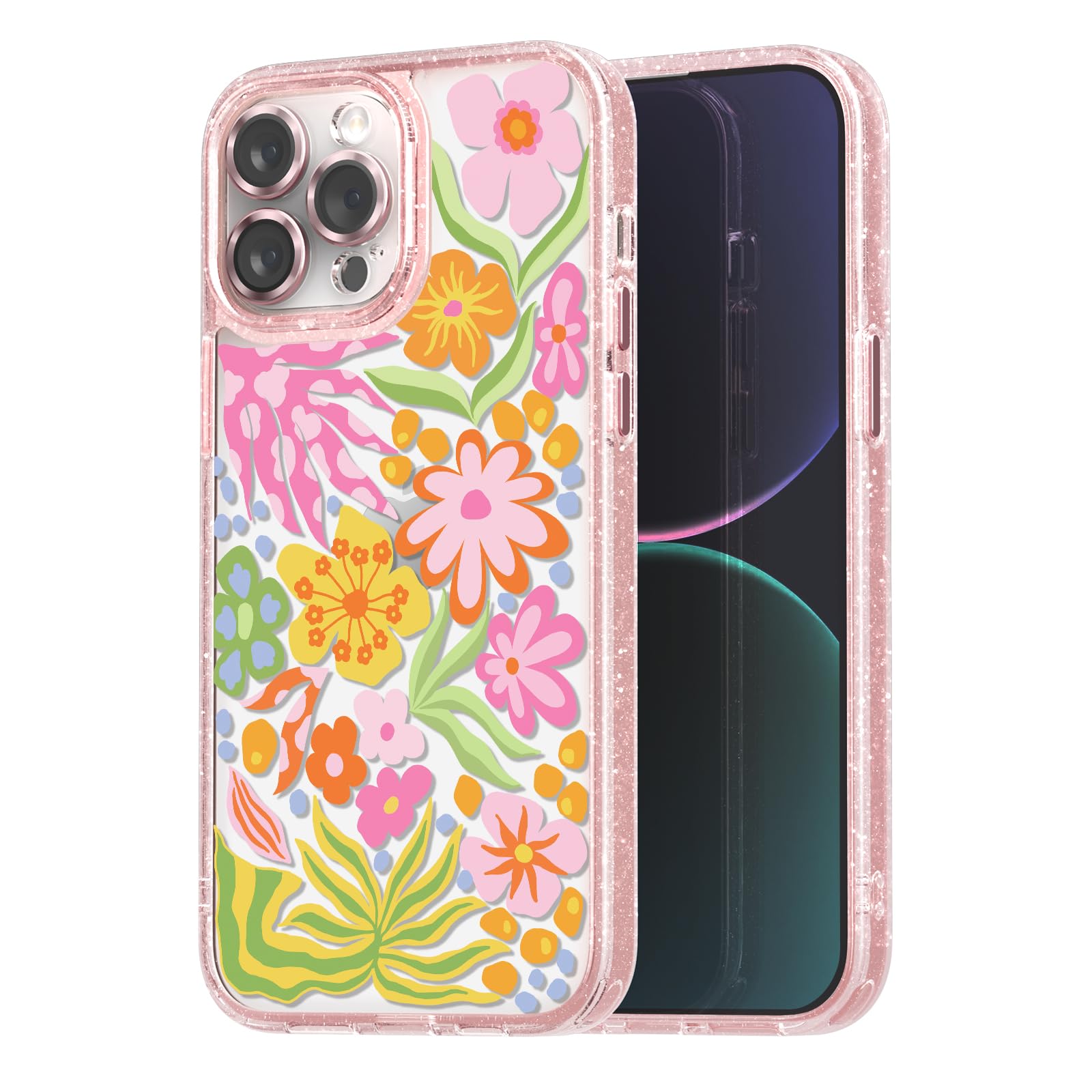 Funda compatible con iPhone 13 Pro Max, bonita estética, funda rosa con purpurina y protector de cámara, diseño femenino de flor de la pasión para mujer y niña de 6.7 pulgadas