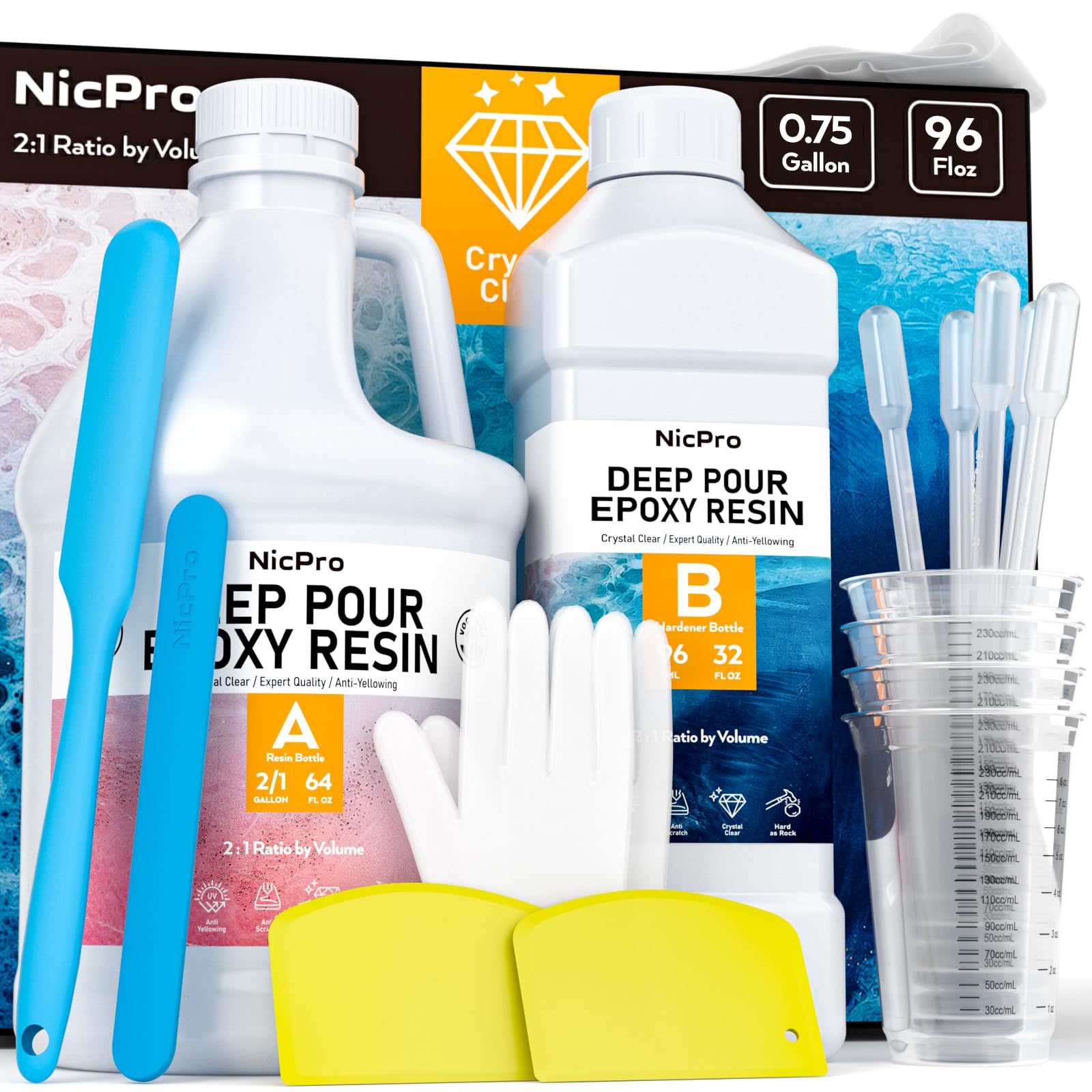 Nicpro 0.75 Gallon / 96 oz Deep Pour Epoxy Resin Kit, 2 to 4 Inch Depth, High Gloss & Crystal Clear Epoxy Resin Deep Pour 2:1 for Bar Tops, Table Tops