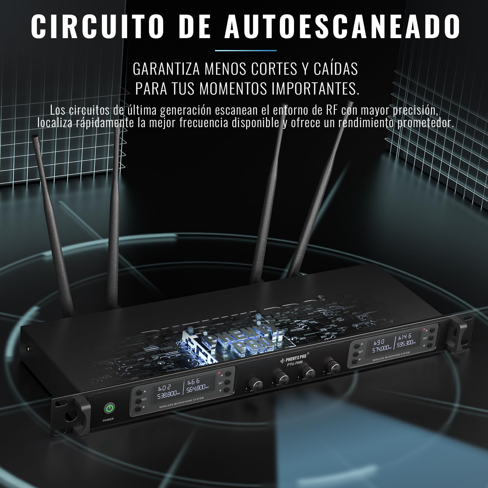 Phenyx Pro Sistema de Micrófono Inalámbrico 4 Canales PTU-7000-2H2B | Escaneo auto, 2 Mics de mano dinámicos, 2 bodypacks, Mics de diadema/solapa, 4 x 40 frecuencias, Alcance 328 ft
