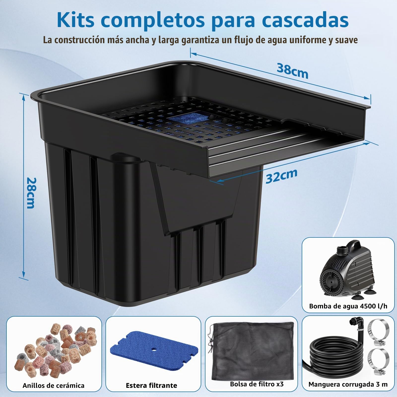 POPOSOAP Cascada para Estanque con Bomba 4500 L/h, Tubo Corrugado 3m, Material Filtrante y Desagüe para Jardín Exterior, Arroyos y Fuentes de Agua