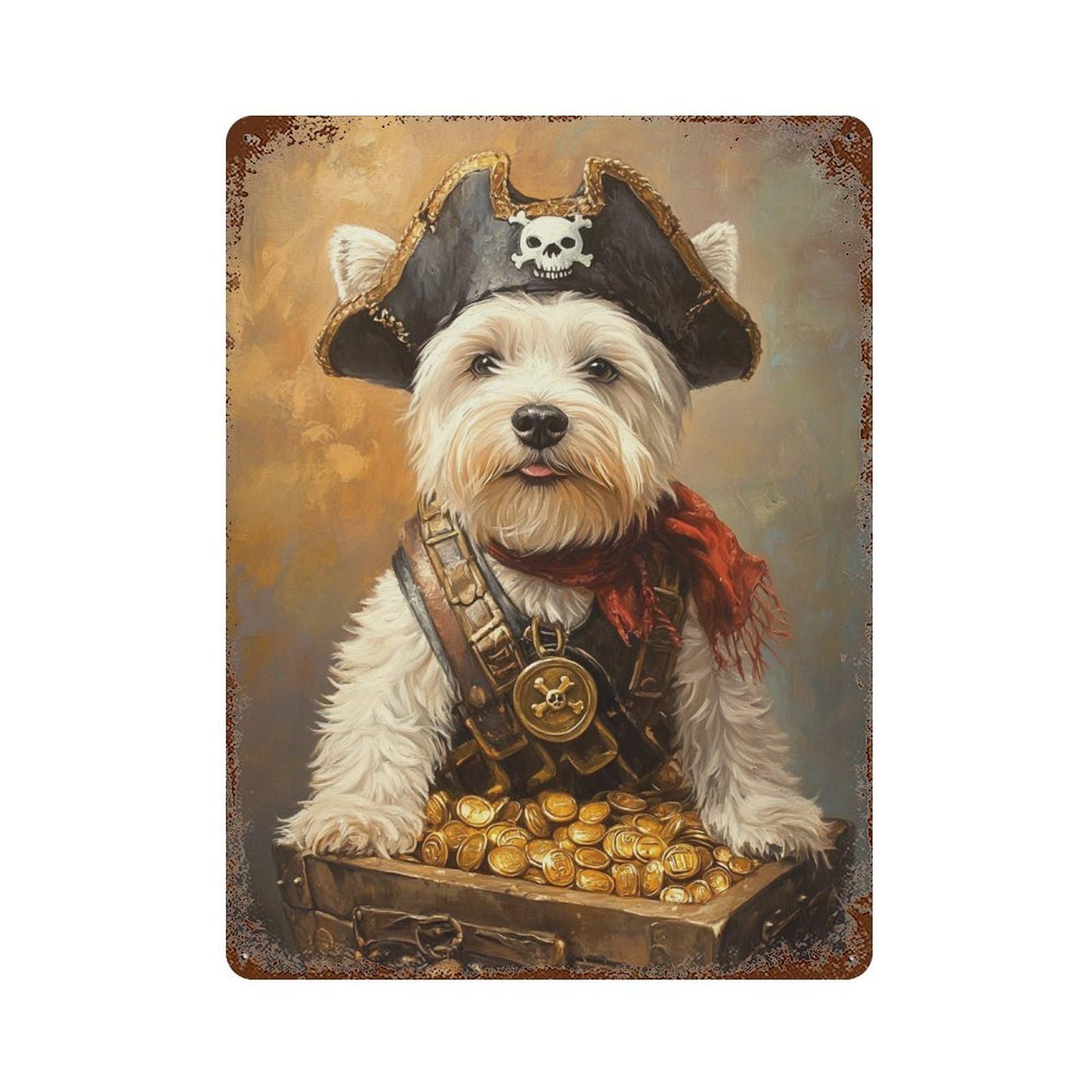 Distressed Metal Wall Sign with Pirate Dog Treasure Chest-118 Design 15.7"x11.8", for Office, Studio And Wall Decor, Industrial Home Decor
