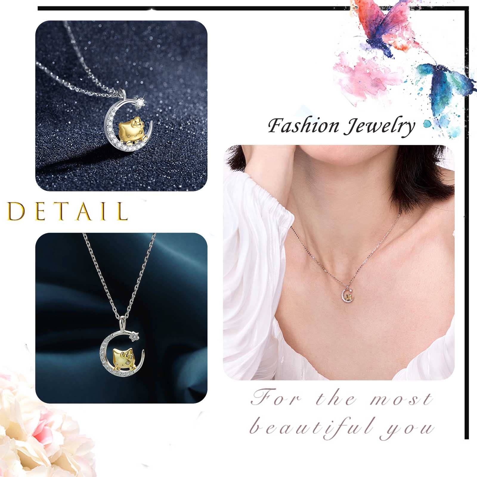 Wendalern Diamante Gatto Collana In Argento Sterling Carino Perla