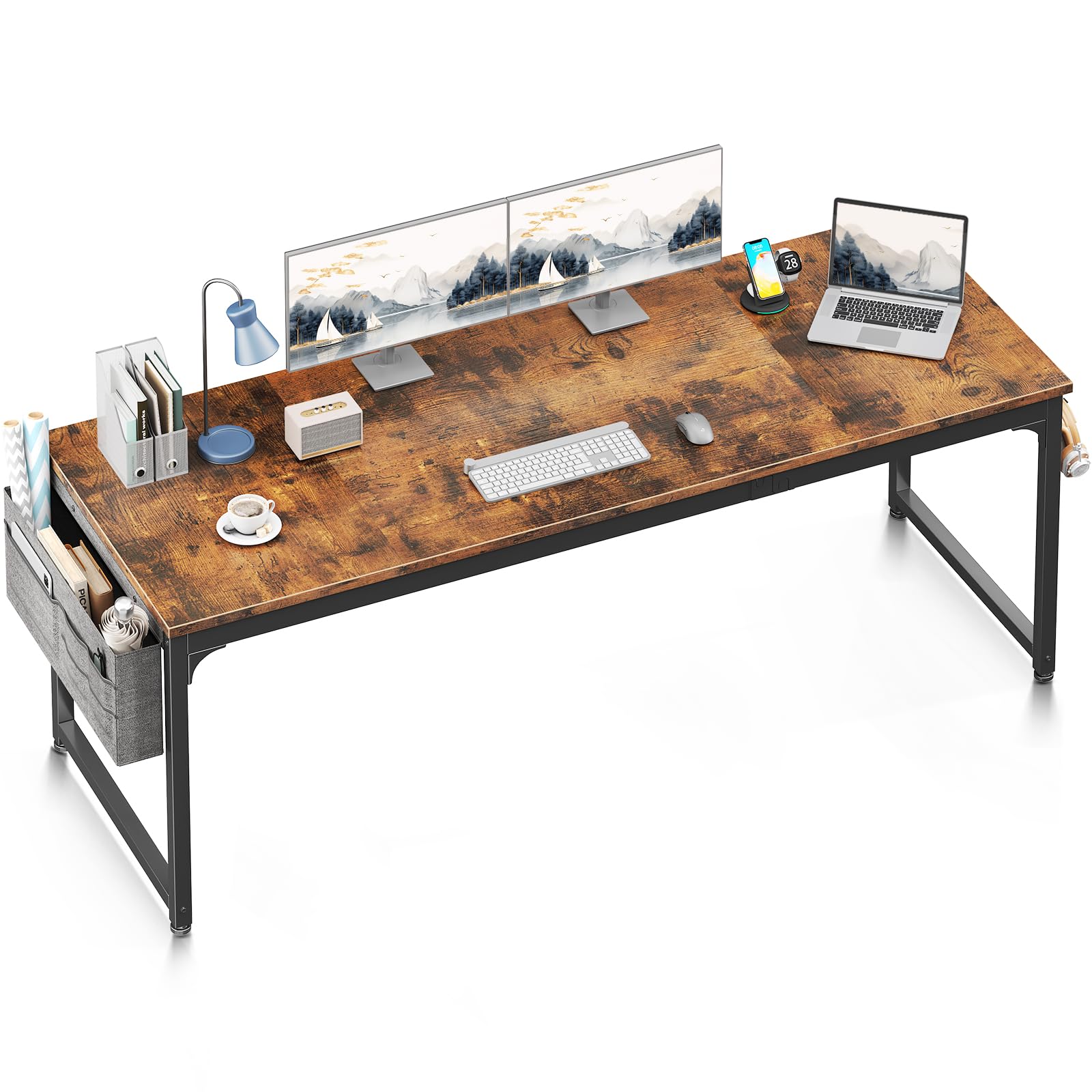 ODK 71 Inch Large Computer Desk Home Office Desk, Long Modern PC Desk Work Table with Headphone Hook & Fabric Bag for Storage, Spliced Board, Rustic Brown
