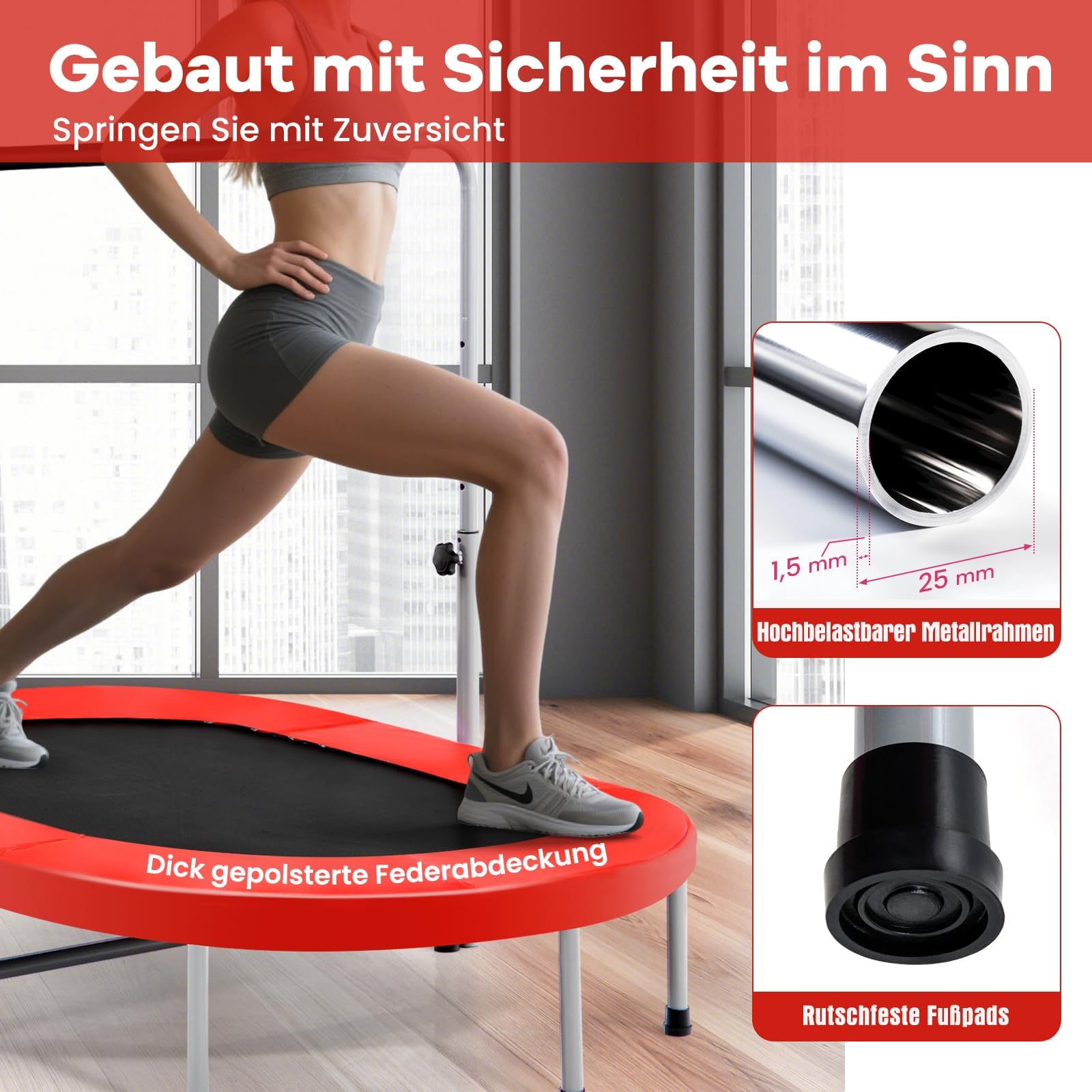 COSTWAY 2 Personen Trampolin, Mini Trampolin mit höhenverstellbarm Haltegriff, bis 150kg belastbar, Kindertrampolin klappbar, Gartentrampolin für Kinder, Erwachsene